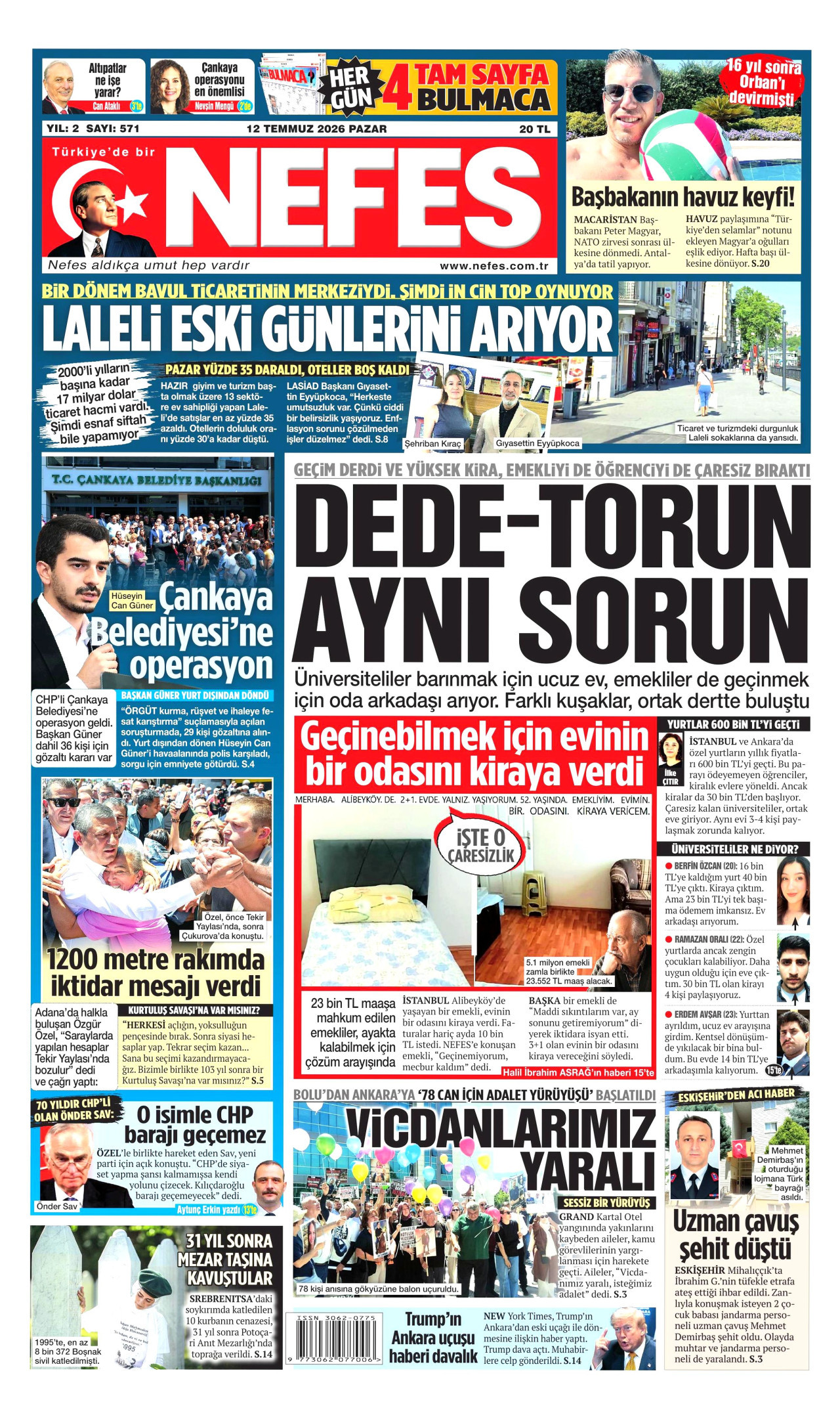 NEFES gazetesinin 12 Temmuz 2026 tarihli birinci sayfası