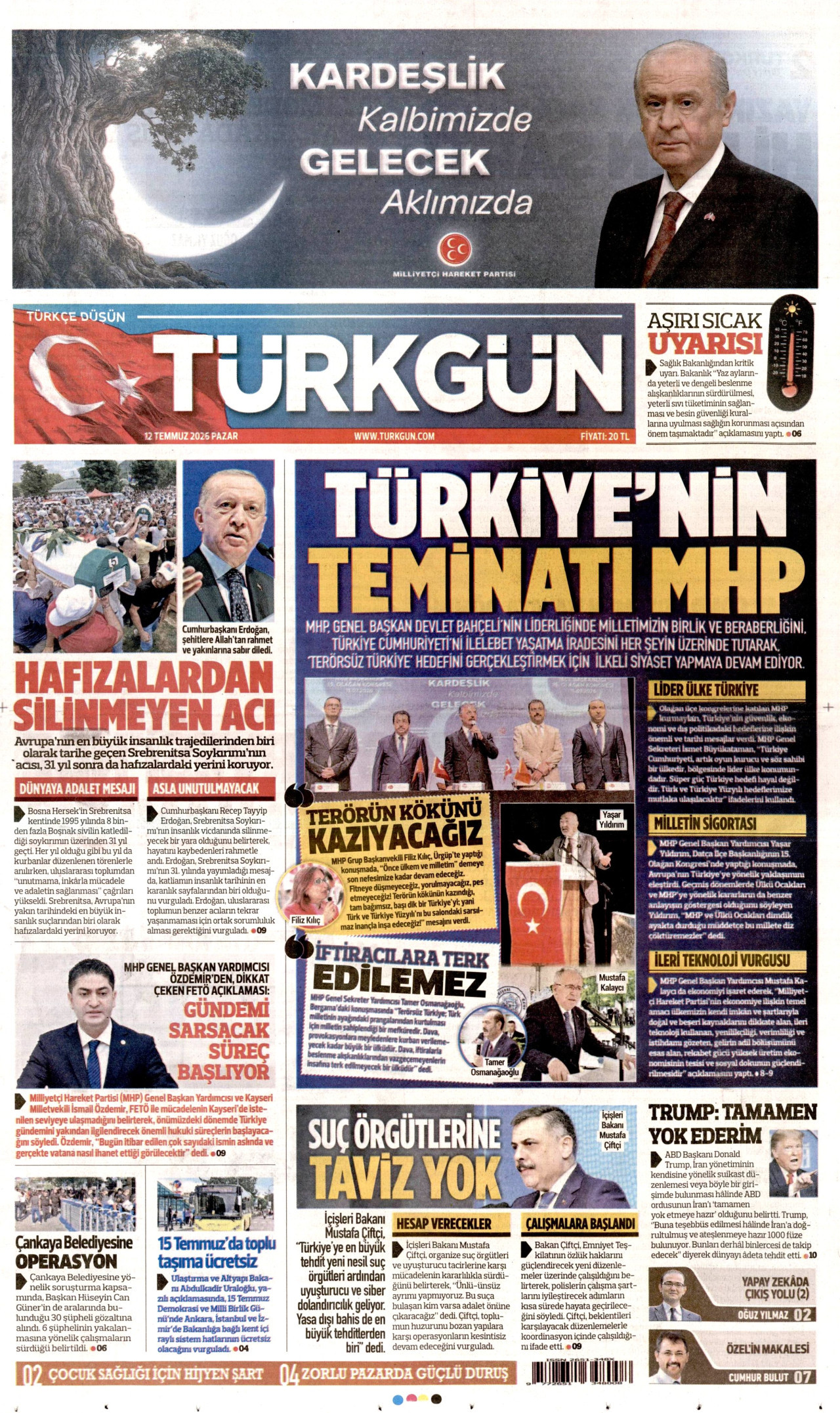 TÜRKGÜN gazetesinin 12 Temmuz 2026 tarihli birinci sayfası