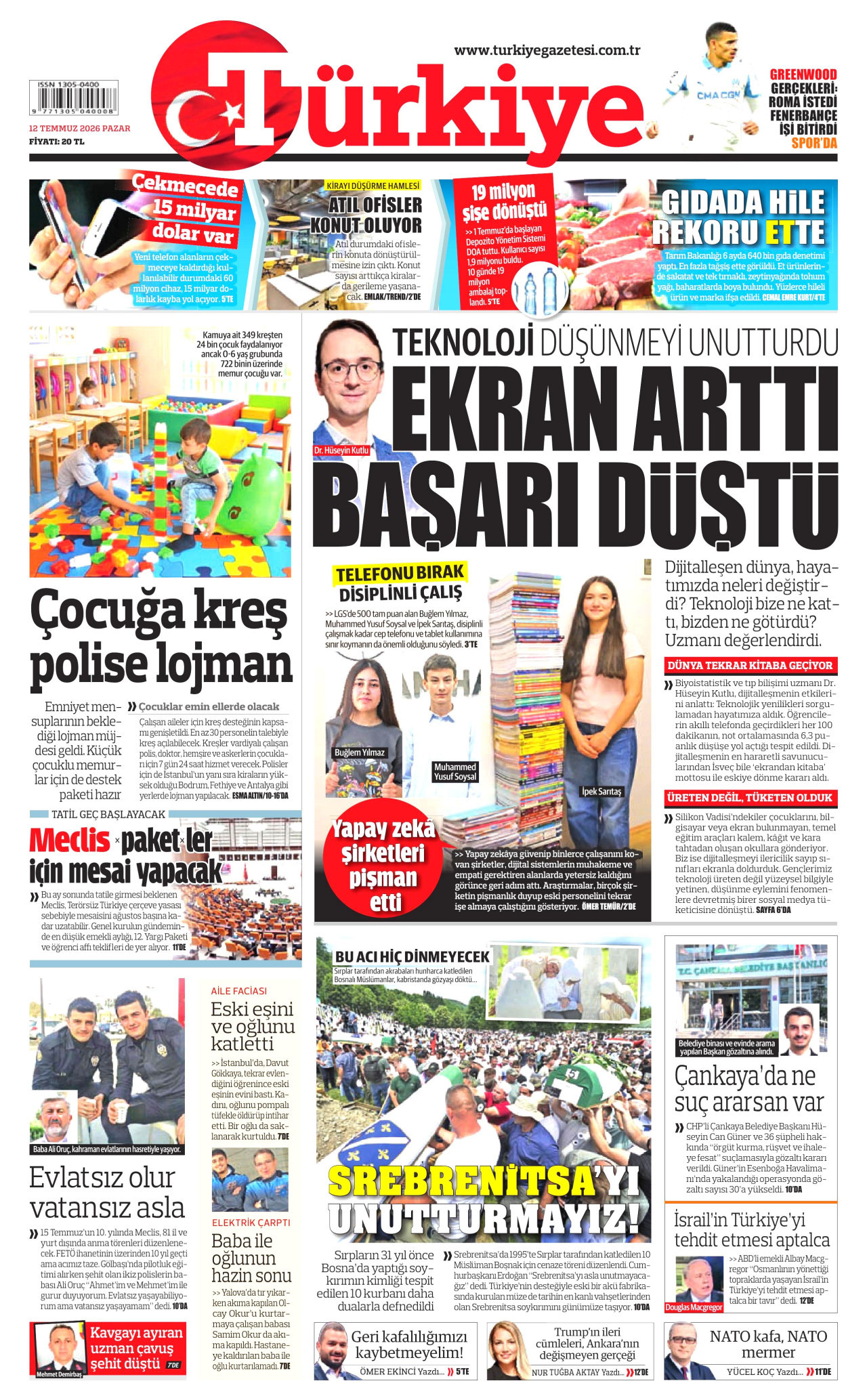 TÜRKİYE GAZETESİ gazetesinin 12 Temmuz 2026 tarihli birinci sayfası