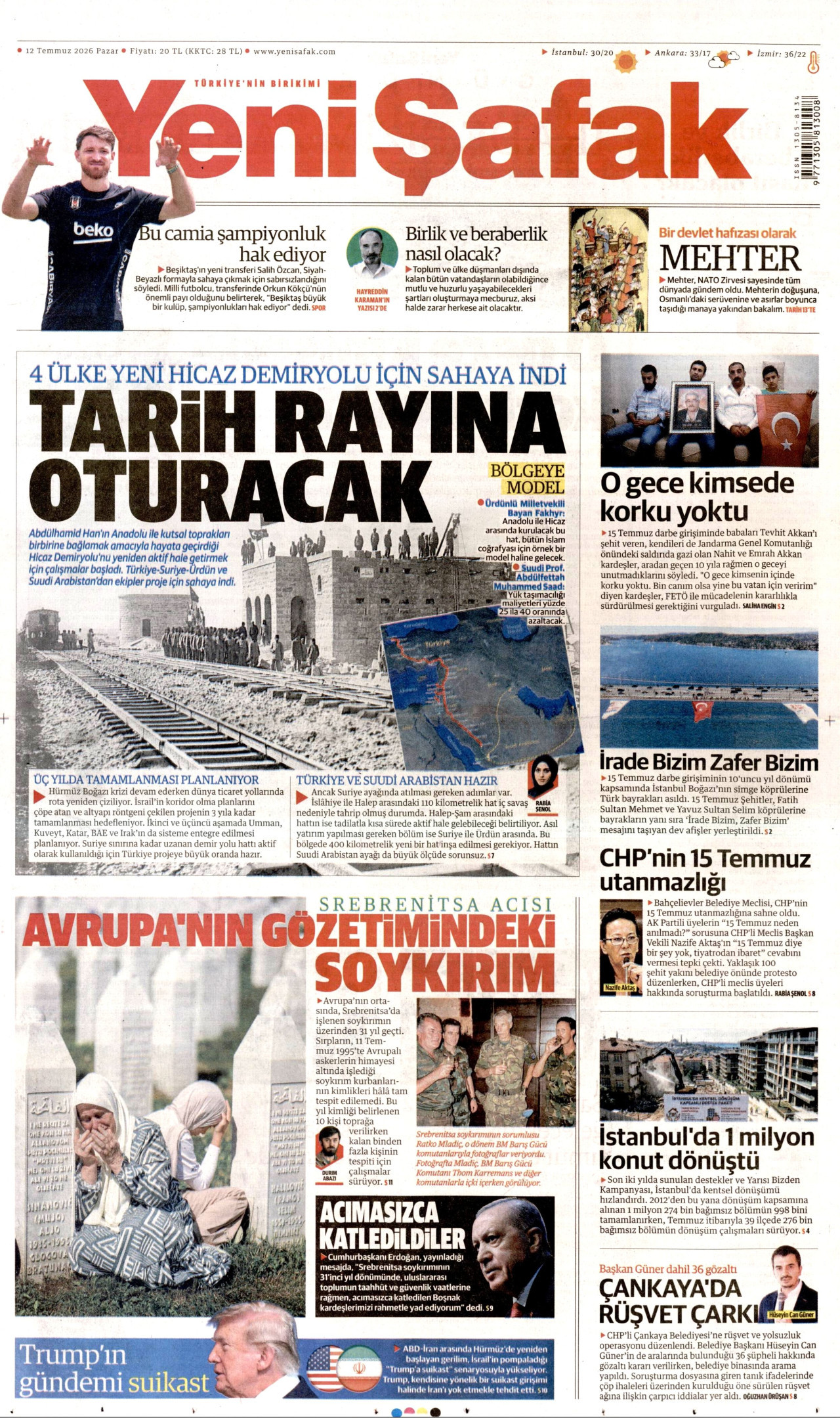 YENİ ŞAFAK gazetesinin 12 Temmuz 2026 tarihli birinci sayfası