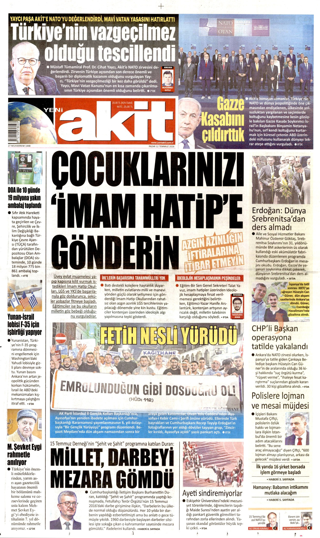 YENİ AKİT gazetesinin 12 Temmuz 2026 tarihli birinci sayfası