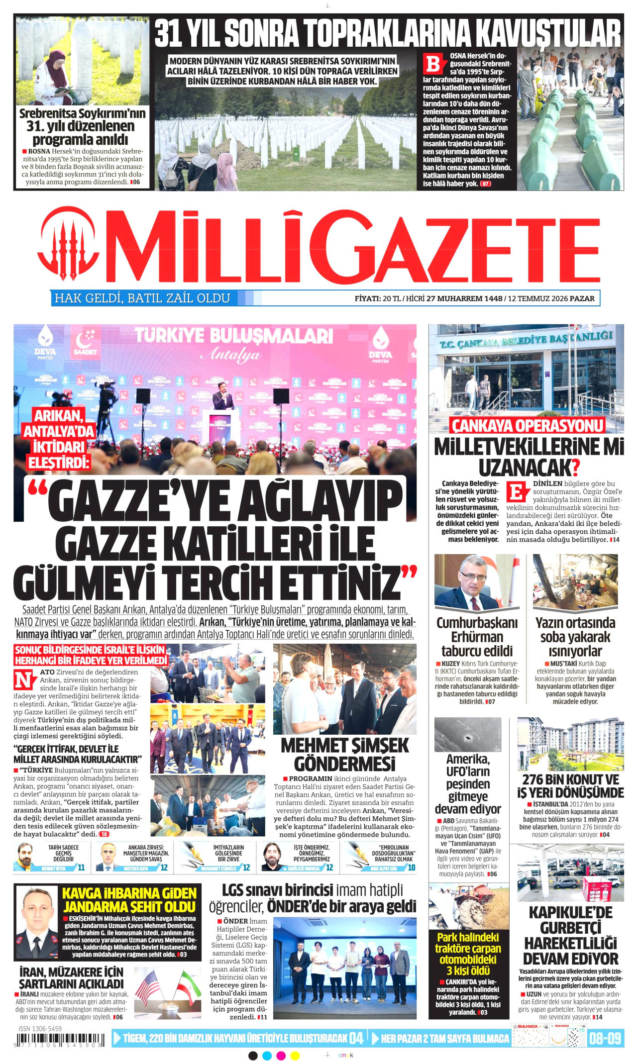 MİLLİ GAZETE gazetesinin 12 Temmuz 2026 tarihli birinci sayfası