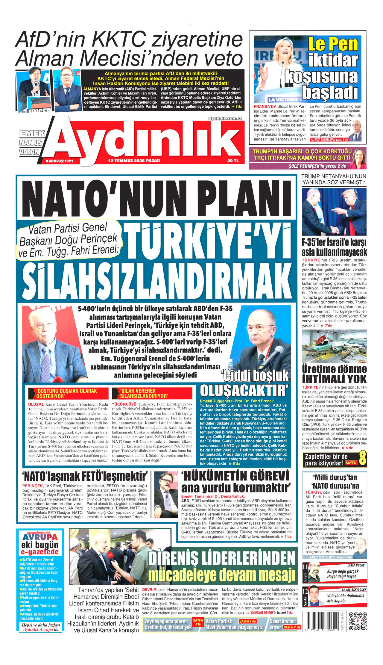 AYDINLIK GAZETESİ gazetesinin 12 Temmuz 2026 tarihli birinci sayfası