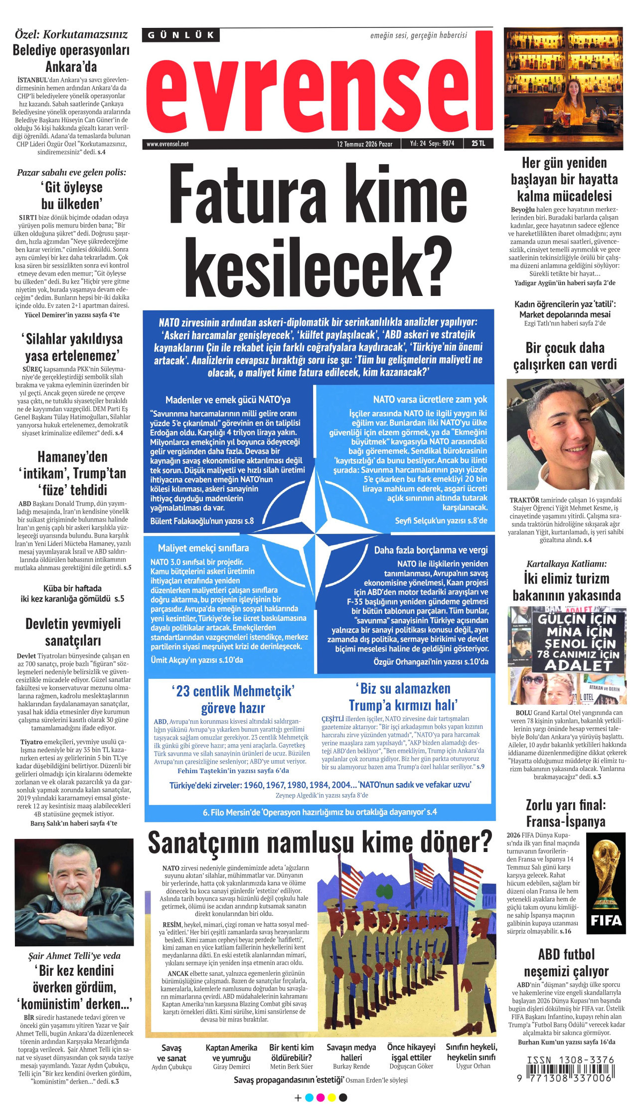 EVRENSEL gazetesinin 12 Temmuz 2026 tarihli birinci sayfası
