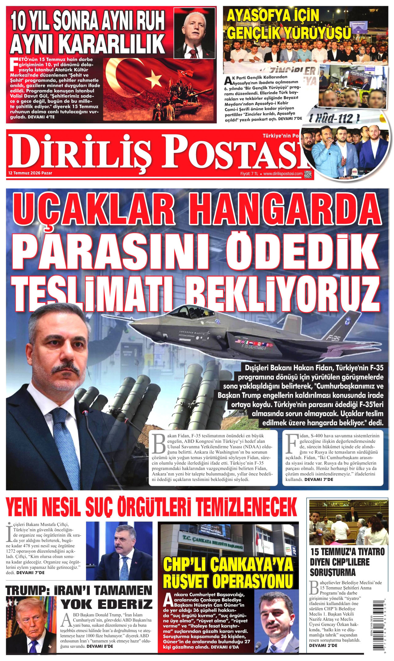DİRİLİŞ POSTASI gazetesinin 12 Temmuz 2026 tarihli birinci sayfası