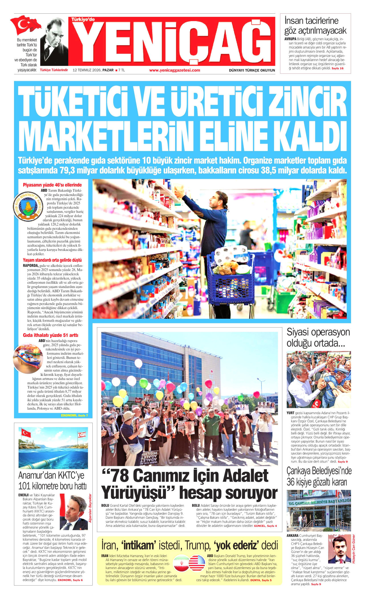 YENİÇAĞ gazetesinin 12 Temmuz 2026 tarihli birinci sayfası