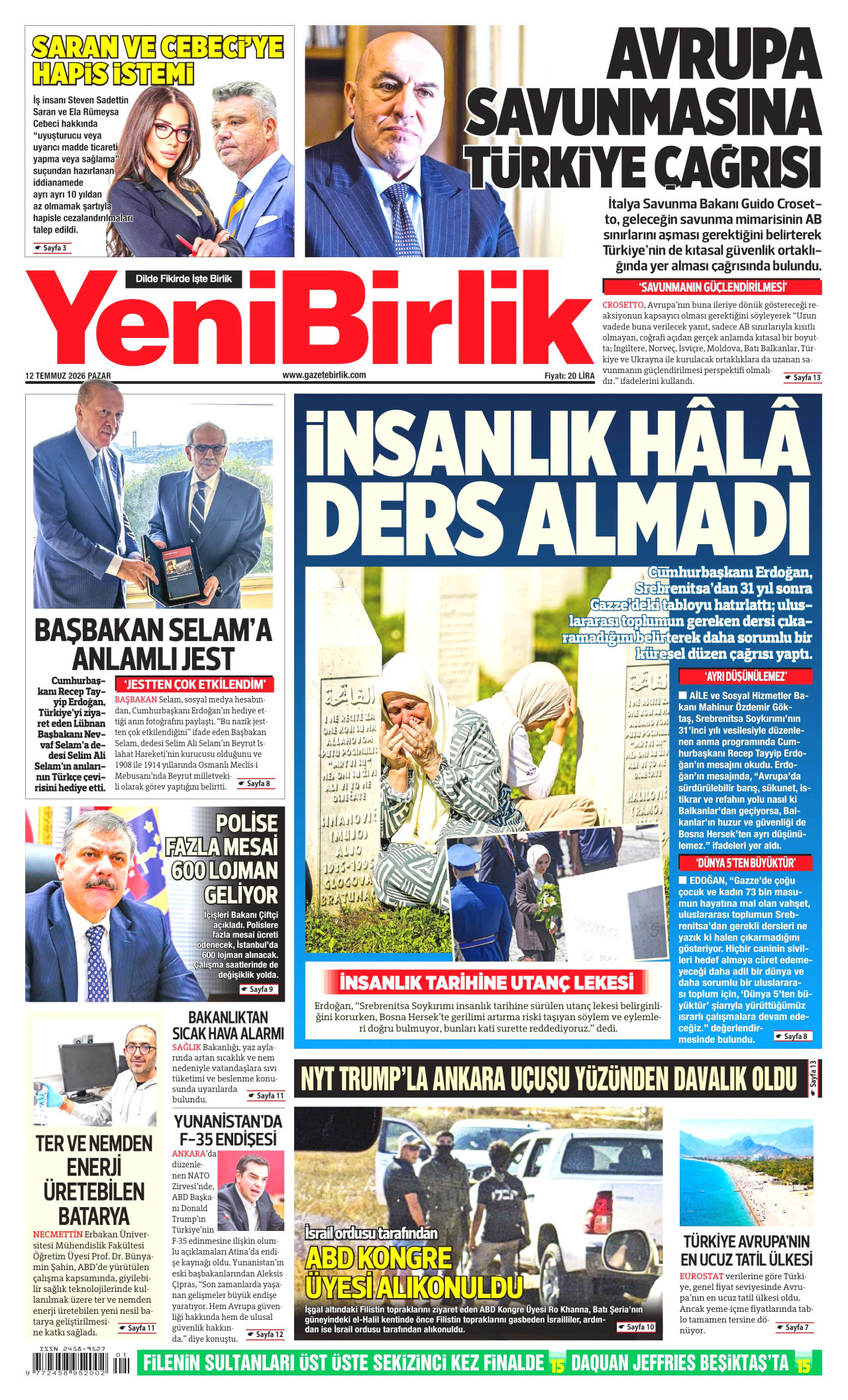 YENİBİRLİK gazetesinin 12 Temmuz 2026 tarihli birinci sayfası