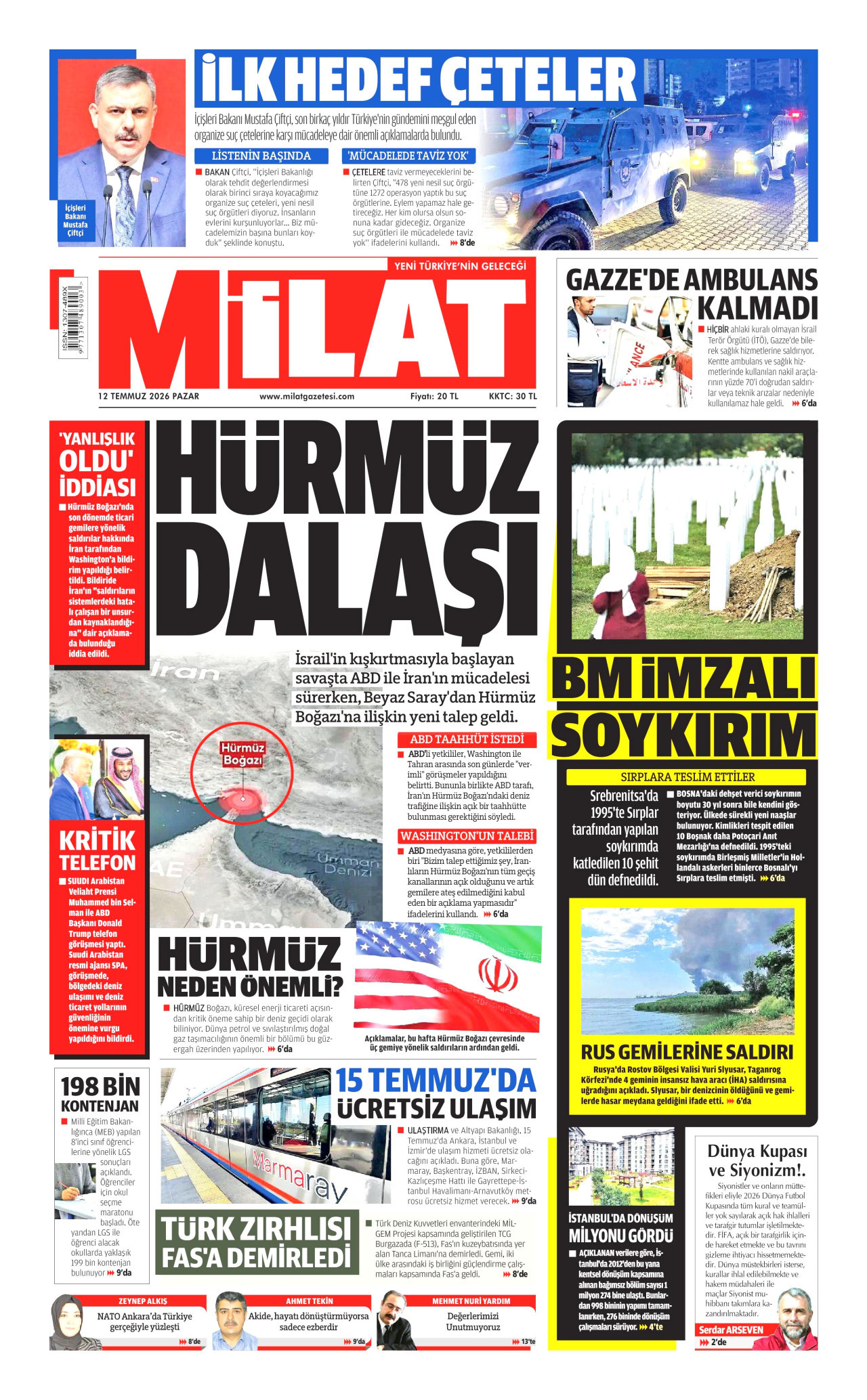 MİLAT gazetesinin 12 Temmuz 2026 tarihli birinci sayfası