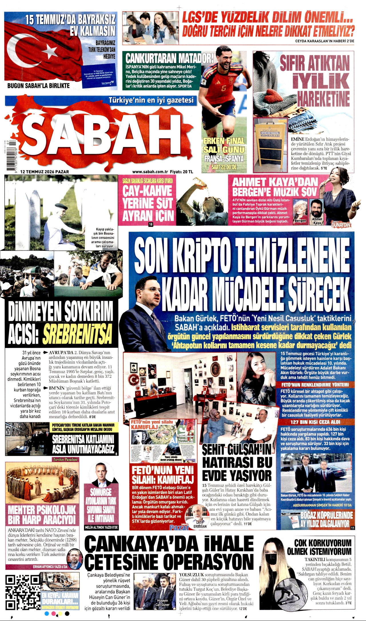 SABAH gazetesinin 12 Temmuz 2026 tarihli birinci sayfası