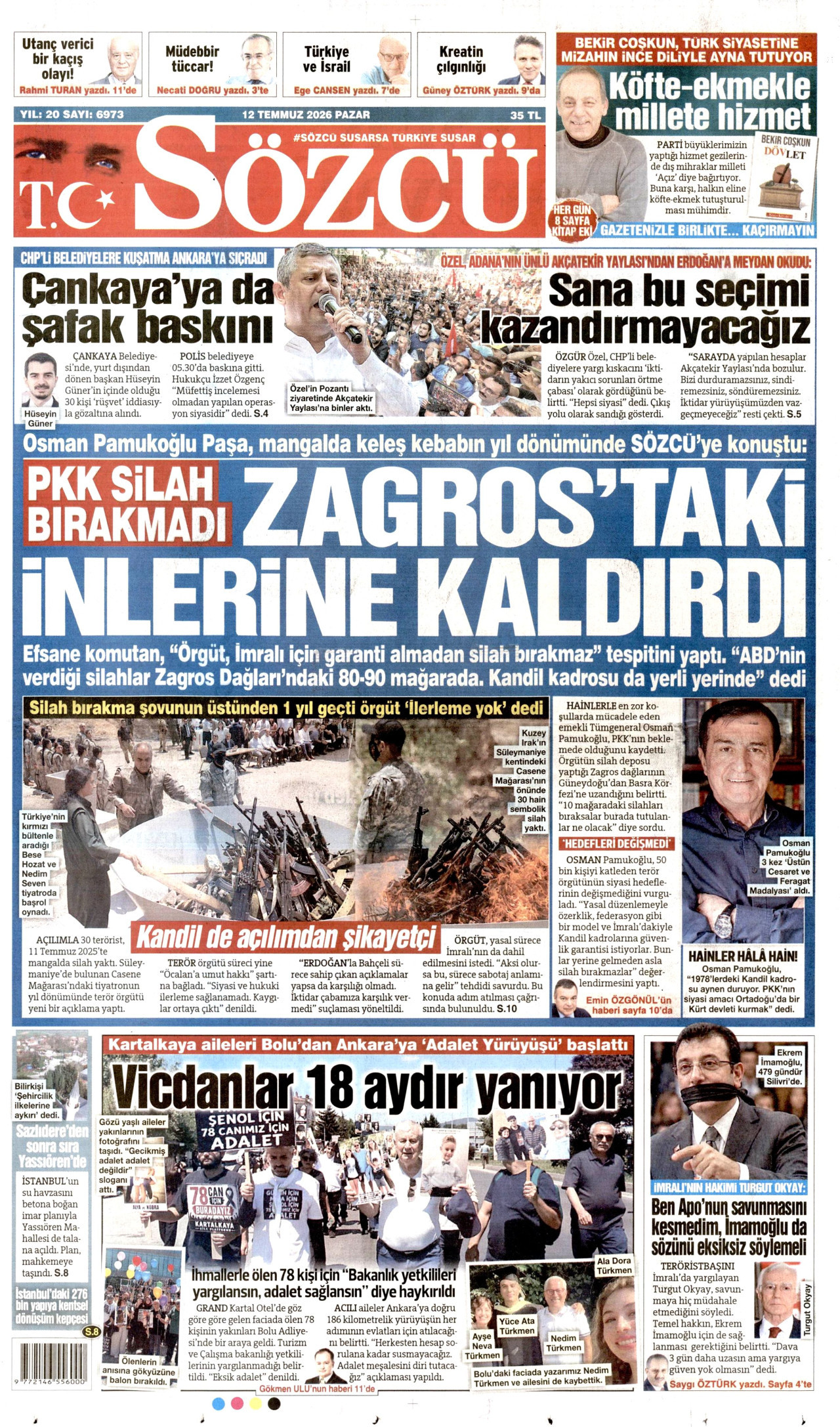 SÖZCÜ gazetesinin 12 Temmuz 2026 tarihli birinci sayfası