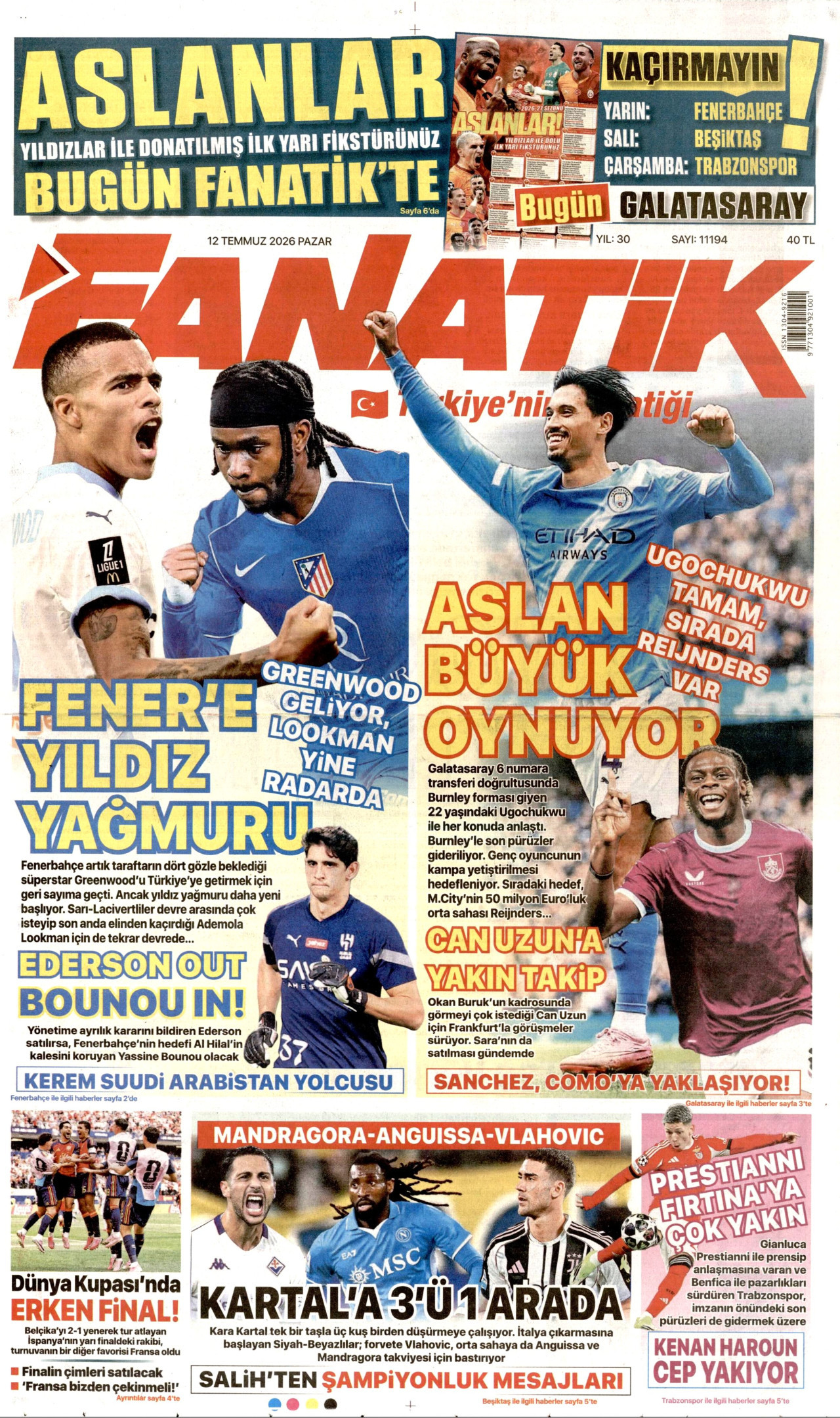 FANATİK gazetesinin 12 Temmuz 2026 tarihli birinci sayfası