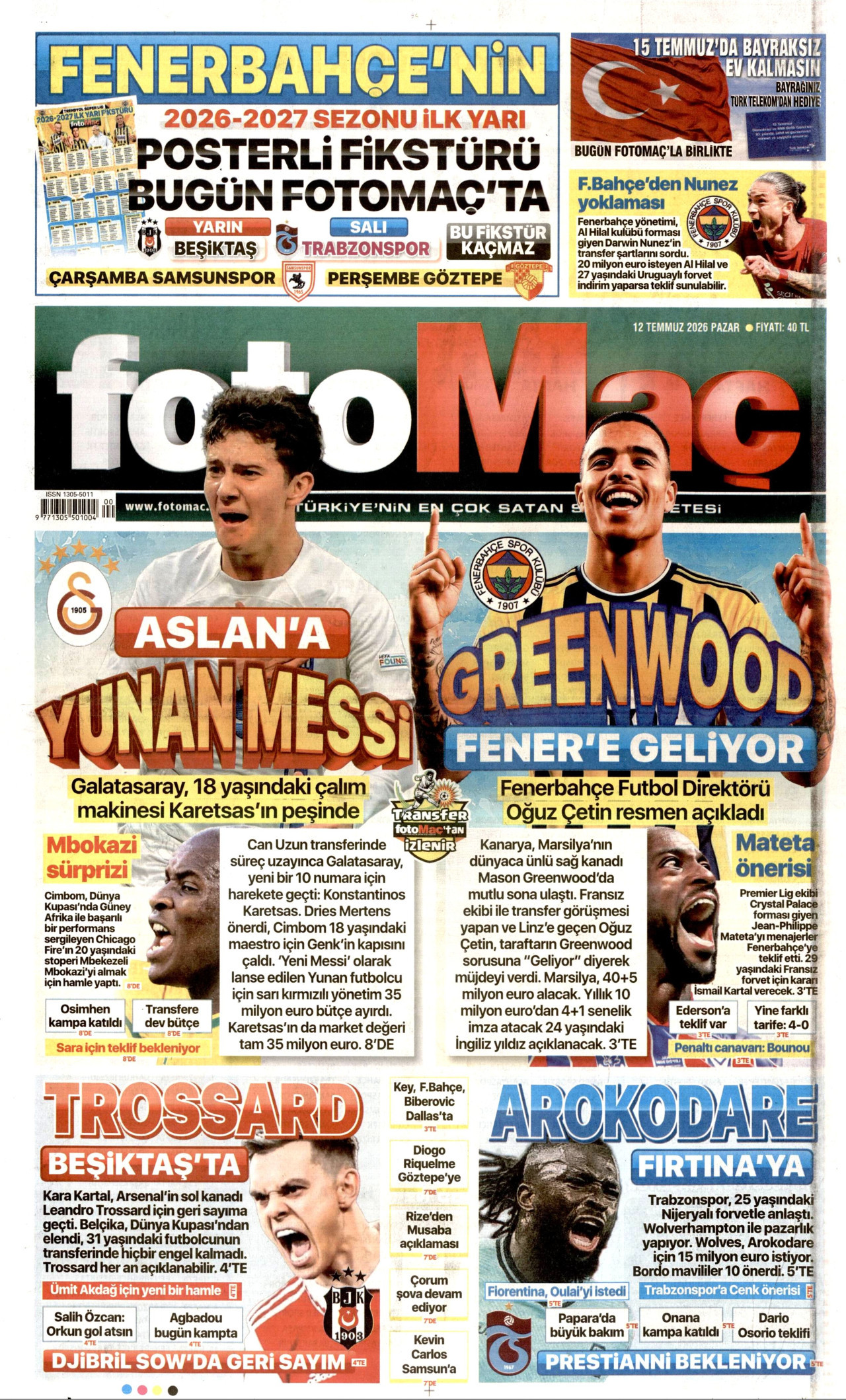 FOTOMAÇ gazetesinin 12 Temmuz 2026 tarihli birinci sayfası