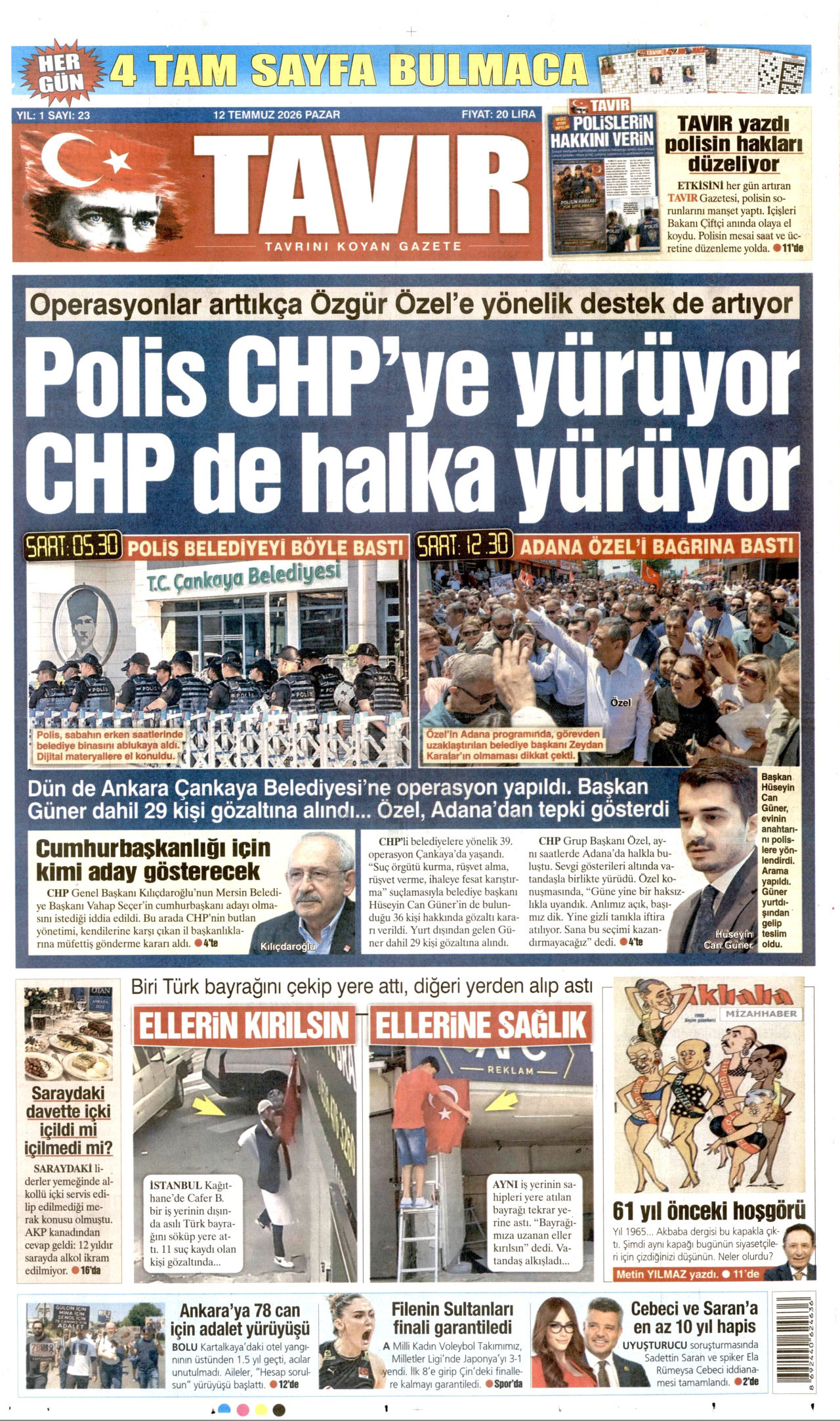 TAVIR GAZETESİ gazetesinin 12 Temmuz 2026 tarihli birinci sayfası