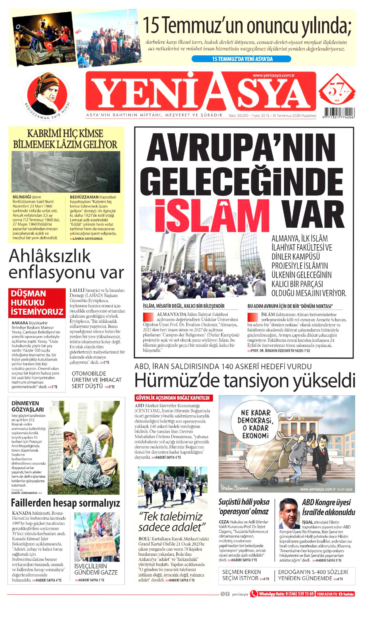 YENİ ASYA gazetesinin 13 Temmuz 2026 tarihli birinci sayfası