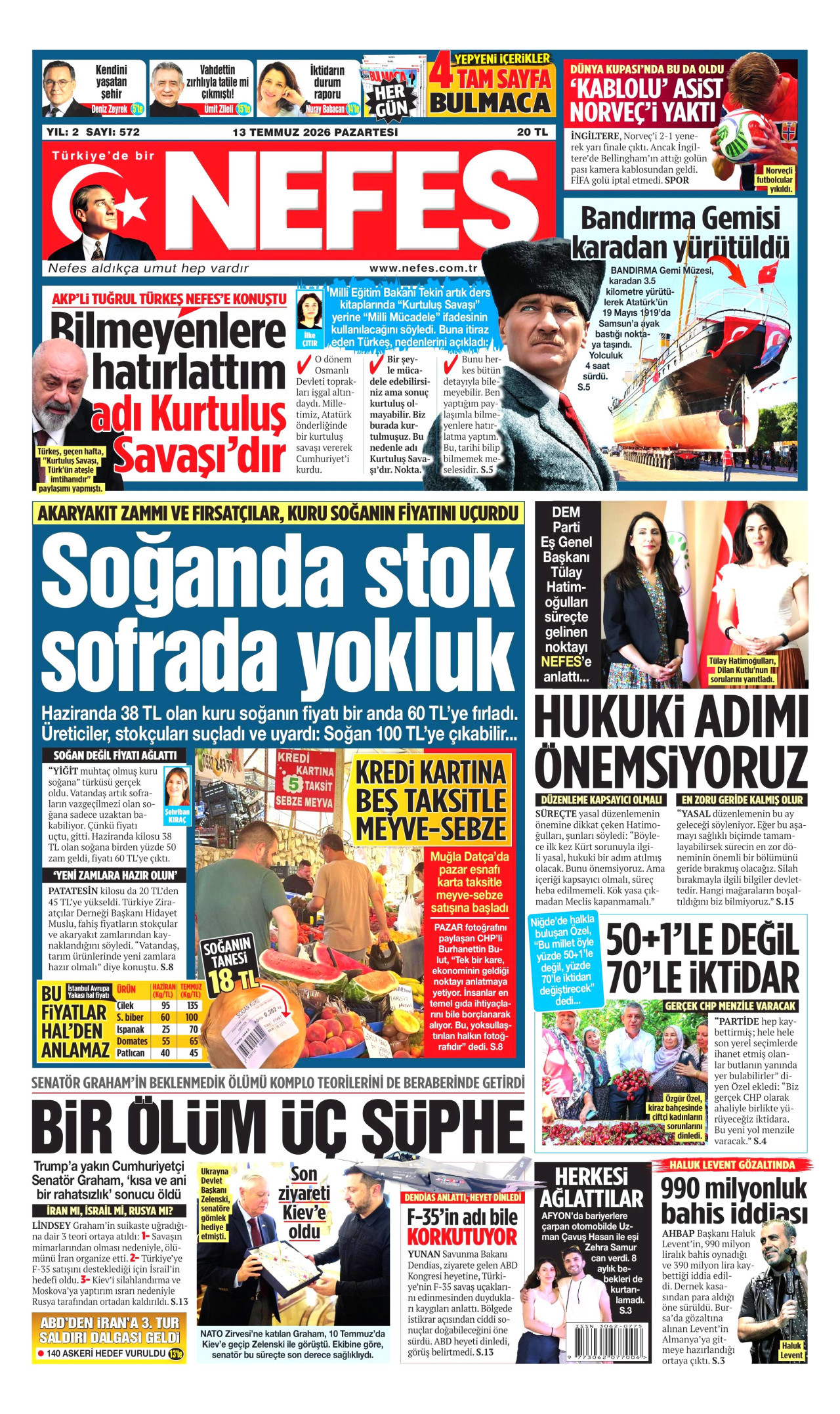 NEFES gazetesinin 13 Temmuz 2026 tarihli birinci sayfası