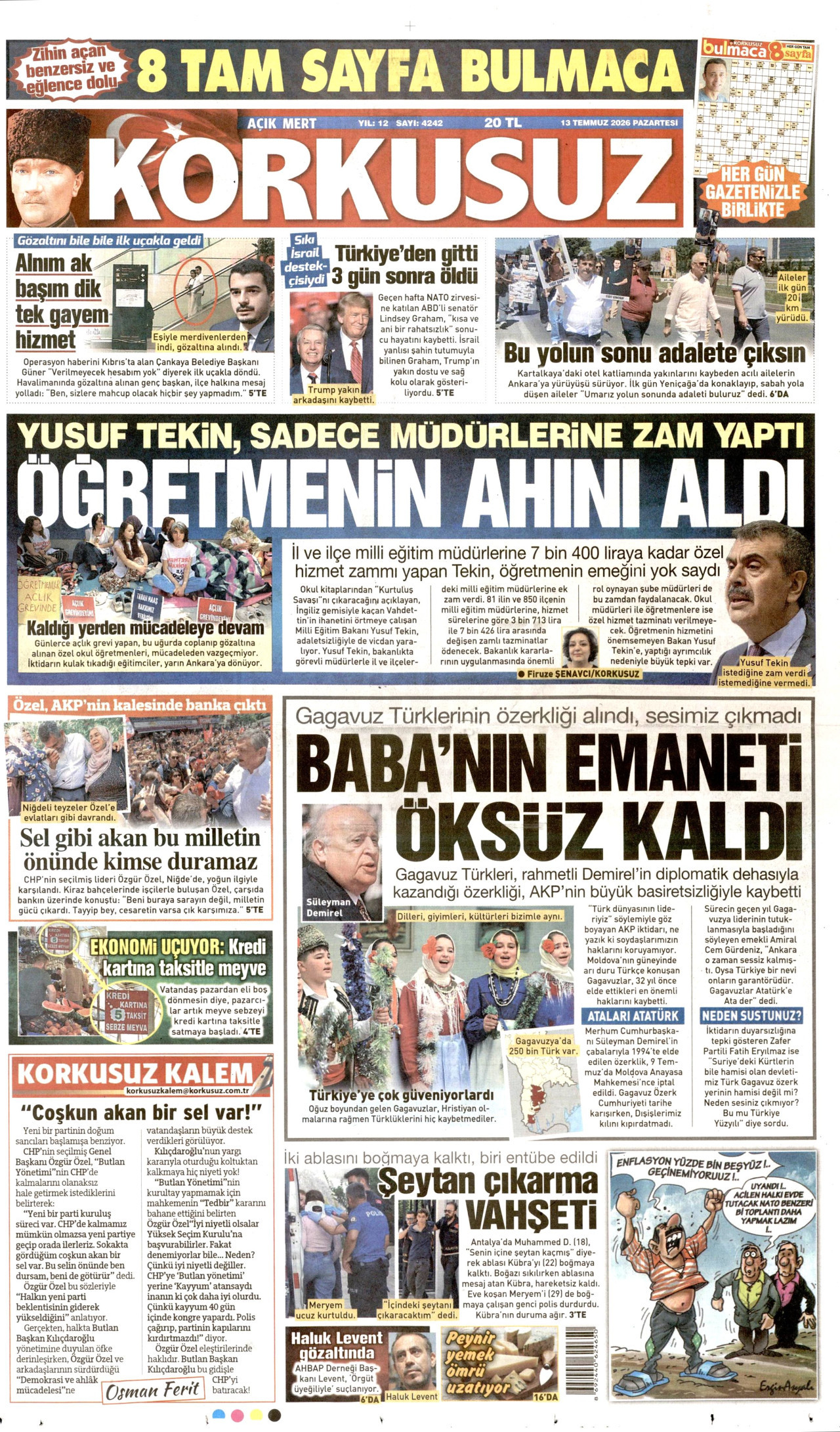 KORKUSUZ gazetesinin 13 Temmuz 2026 tarihli birinci sayfası