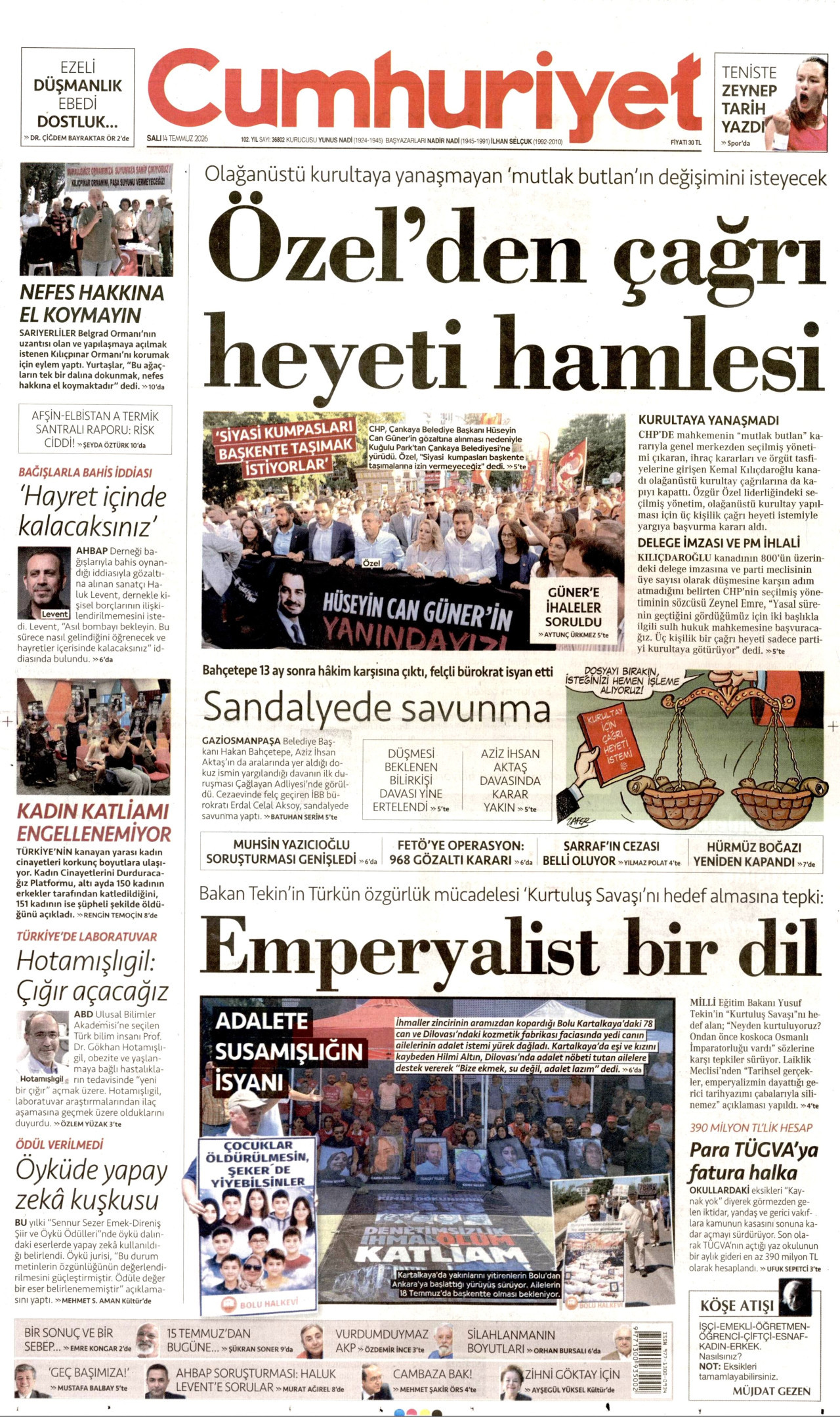CUMHURİYET gazetesinin 14 Temmuz 2026 tarihli birinci sayfası
