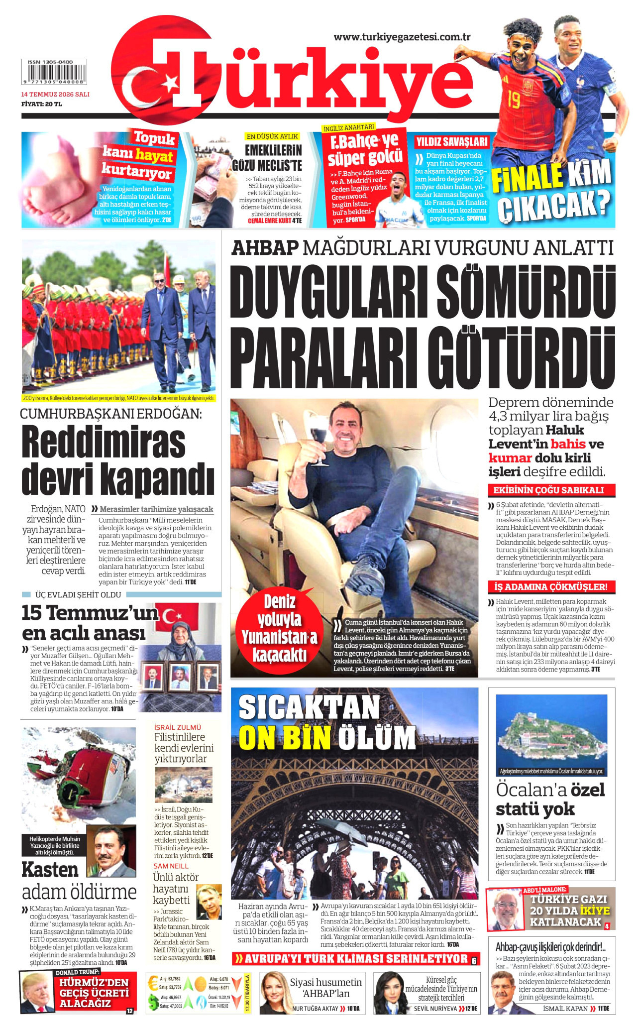 TÜRKİYE GAZETESİ gazetesinin 14 Temmuz 2026 tarihli birinci sayfası