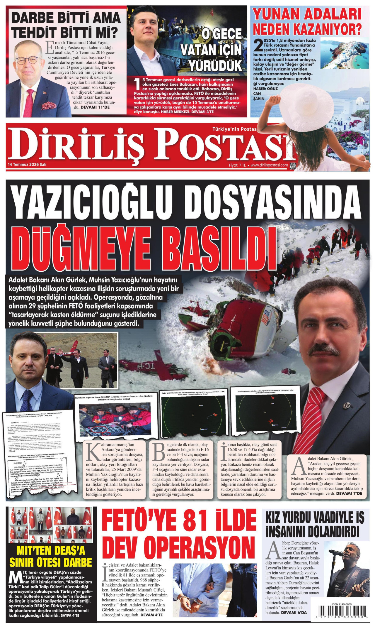 DİRİLİŞ POSTASI gazetesinin 14 Temmuz 2026 tarihli birinci sayfası