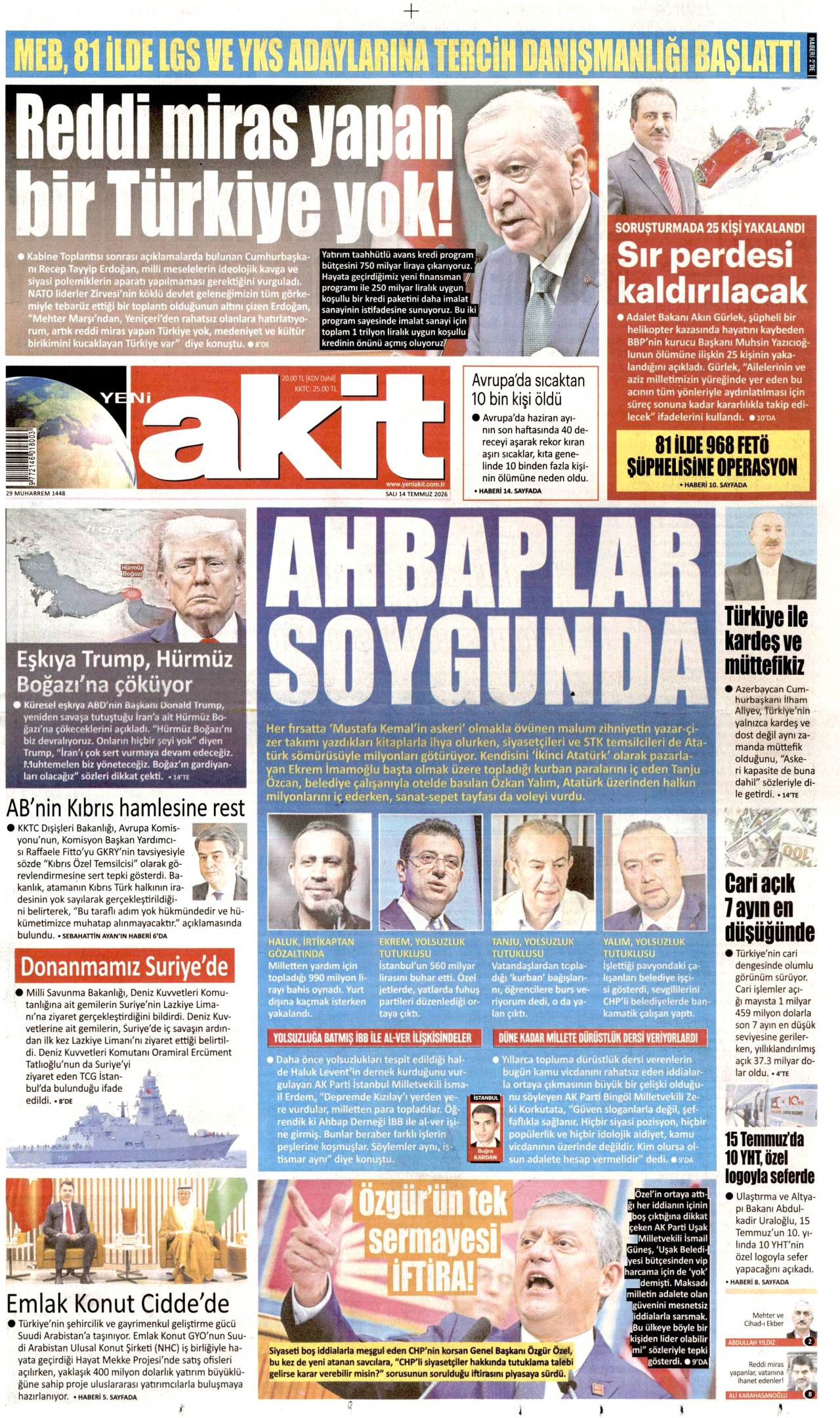 YENİ AKİT gazetesinin 14 Temmuz 2026 tarihli birinci sayfası