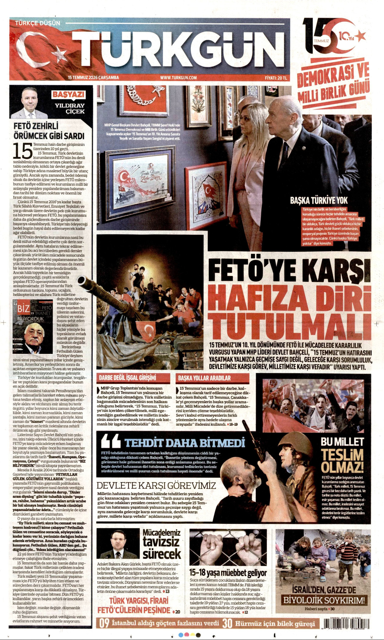 TÜRKGÜN gazetesinin 15 Temmuz 2026 tarihli birinci sayfası