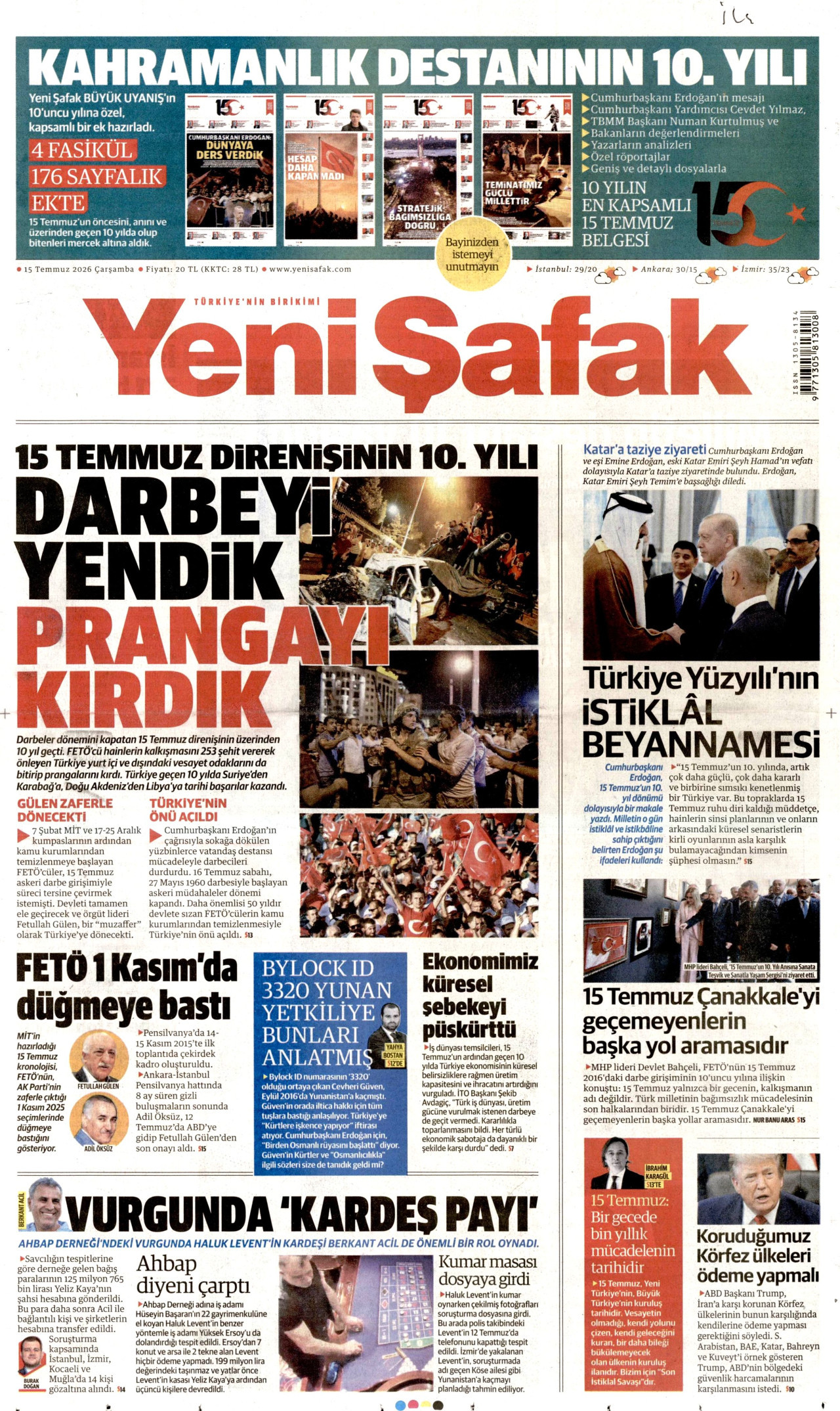 YENİ ŞAFAK gazetesinin 15 Temmuz 2026 tarihli birinci sayfası