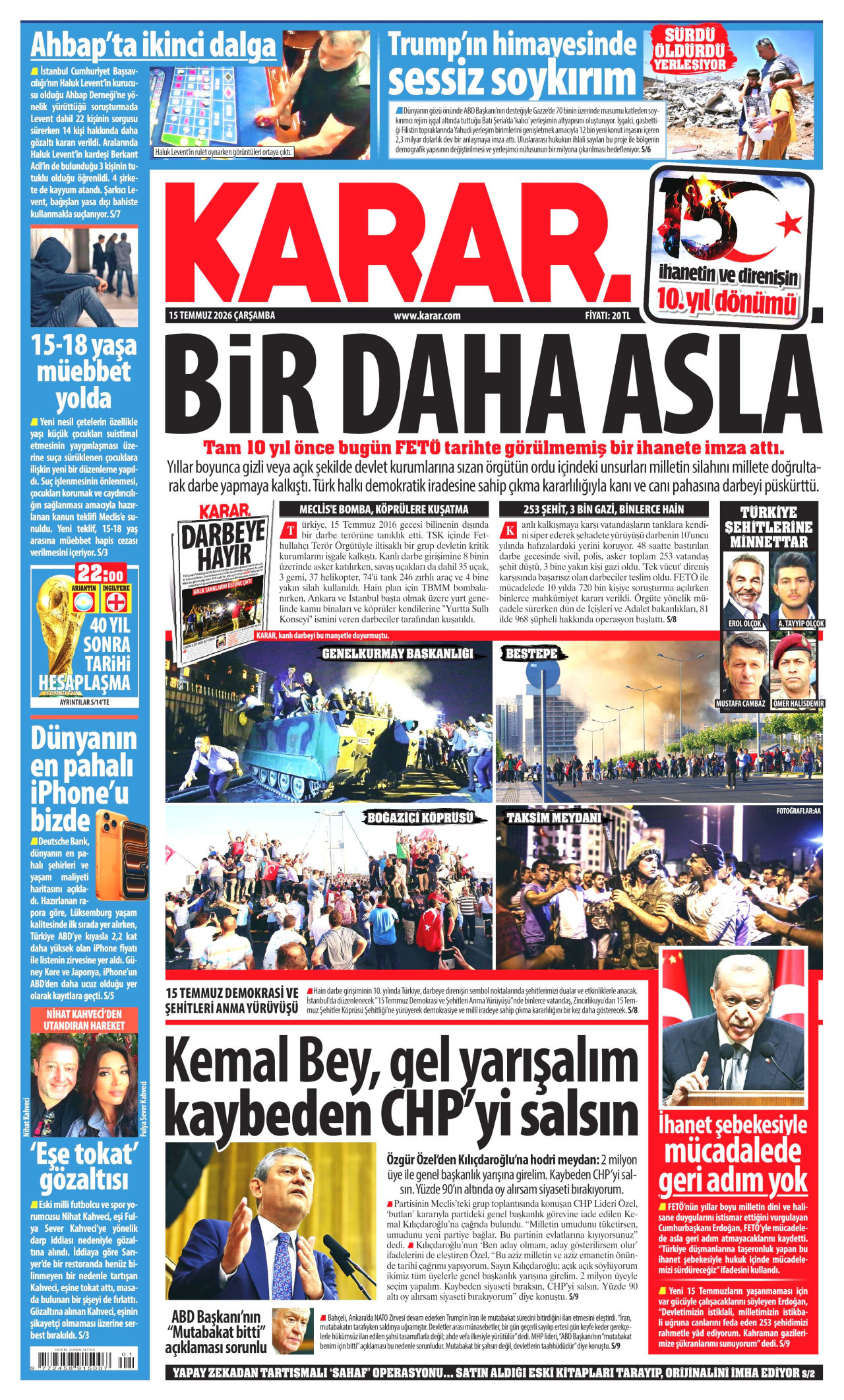 KARAR gazetesinin 15 Temmuz 2026 tarihli birinci sayfası