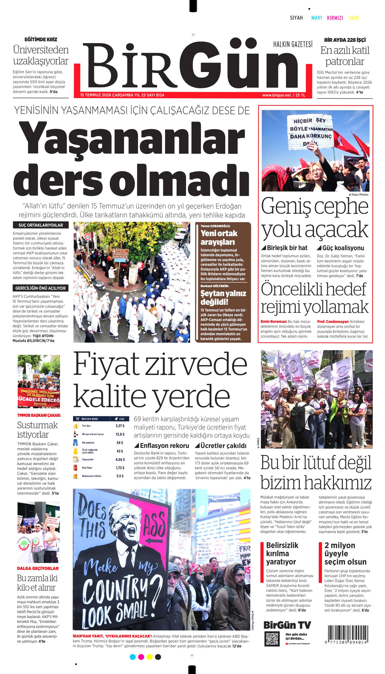 BİRGÜN gazetesinin 15 Temmuz 2026 tarihli birinci sayfası