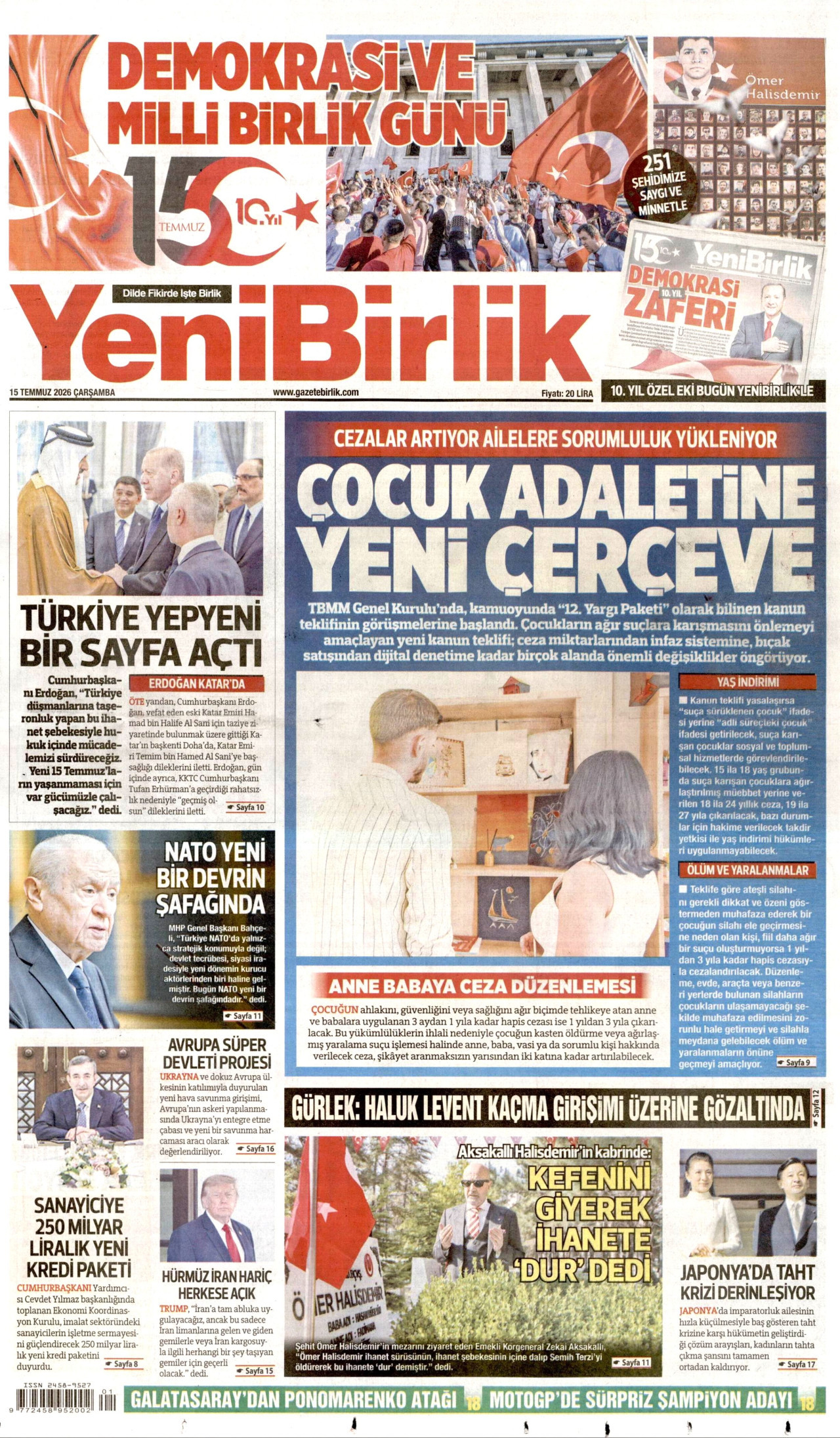 YENİBİRLİK gazetesinin 15 Temmuz 2026 tarihli birinci sayfası