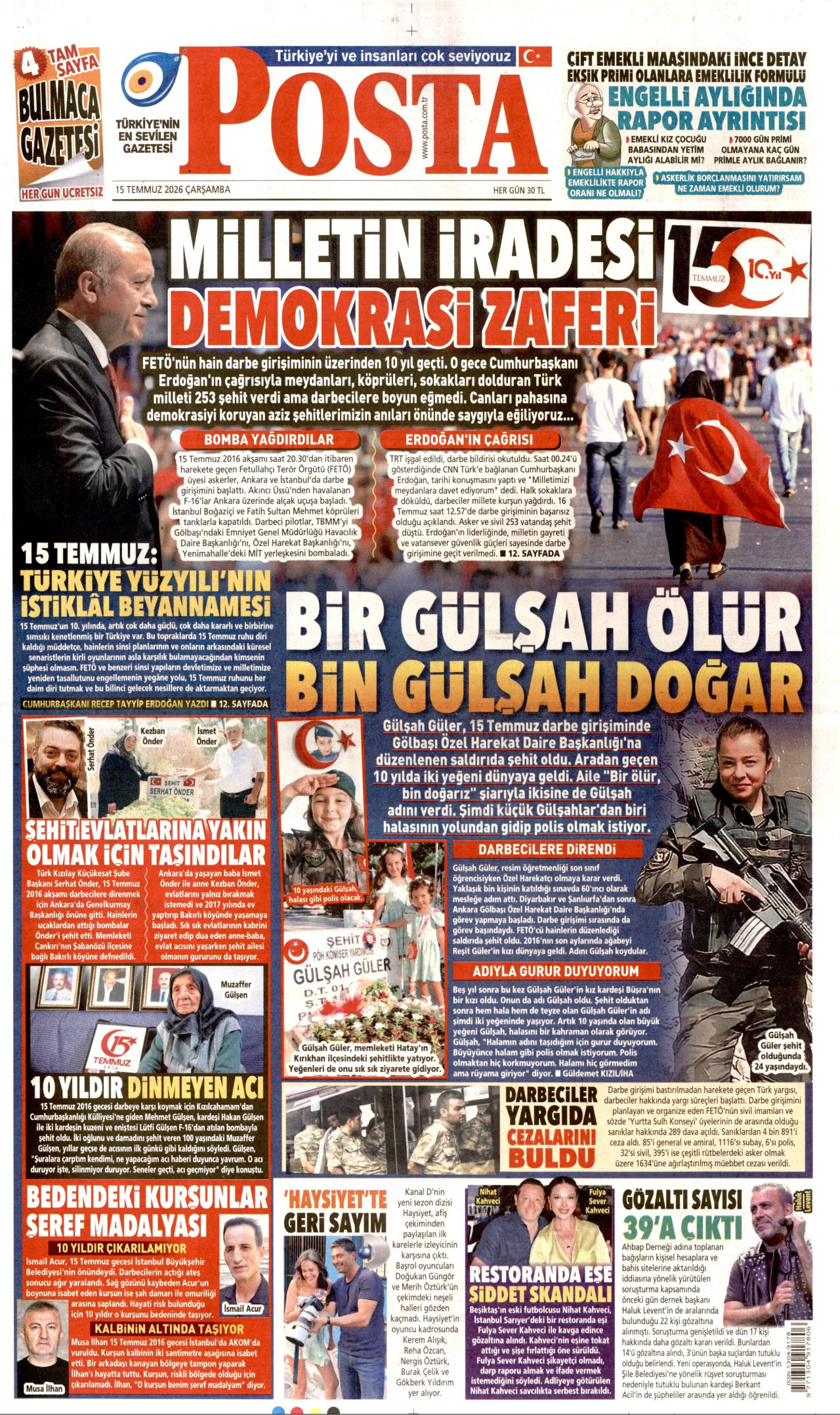 POSTA gazetesinin 15 Temmuz 2026 tarihli birinci sayfası