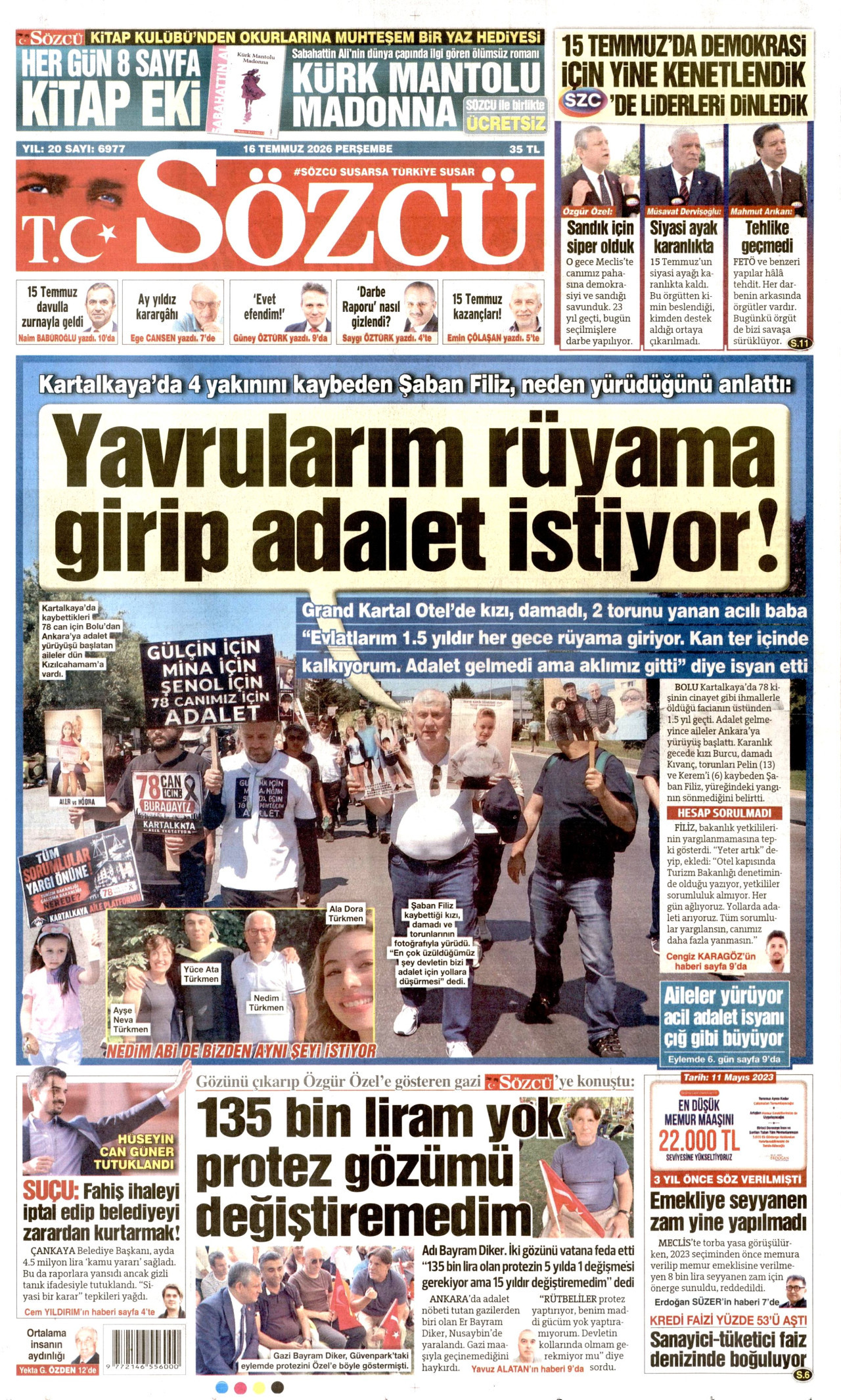 SÖZCÜ gazetesinin 16 Temmuz 2026 tarihli birinci sayfası