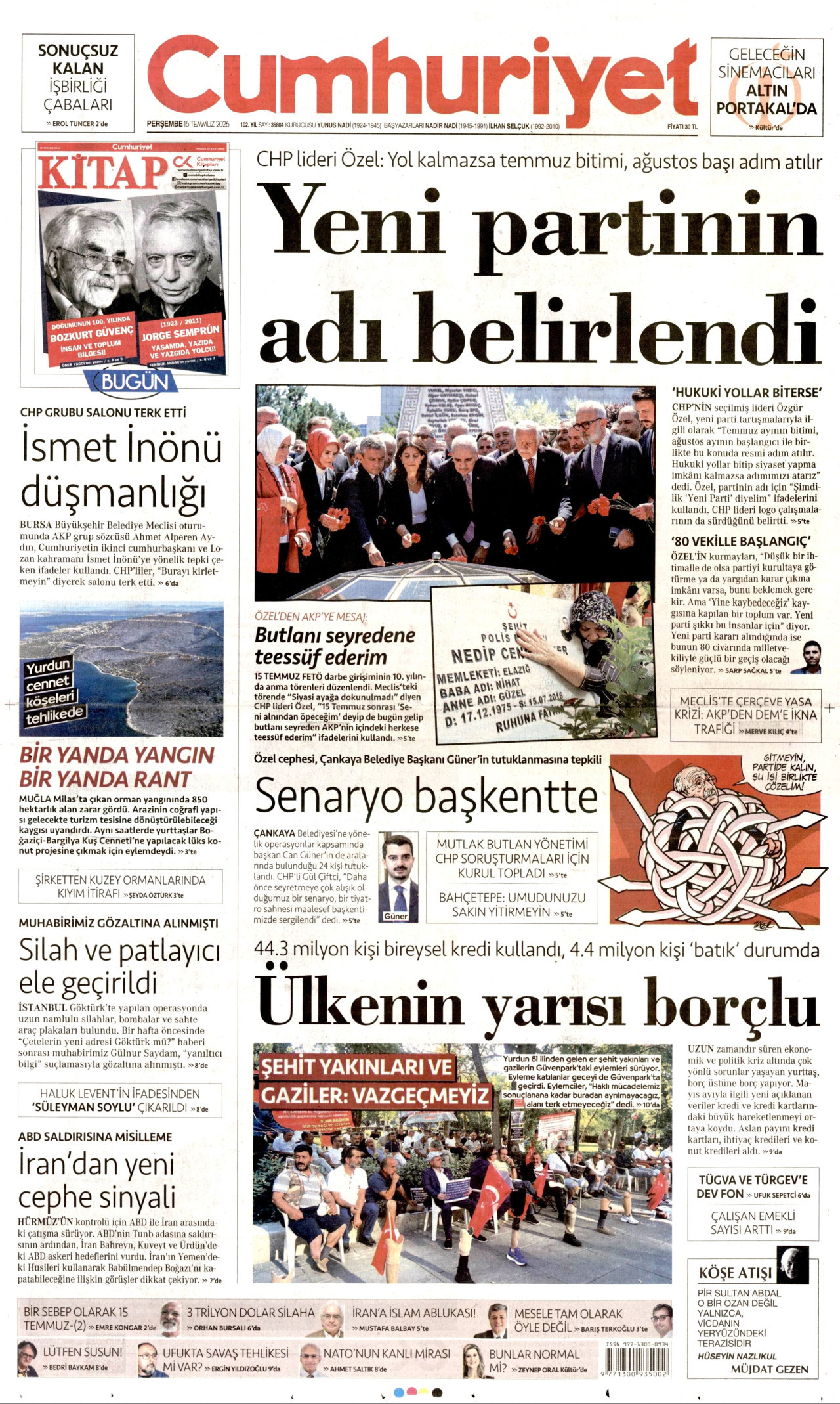 CUMHURİYET gazetesinin 16 Temmuz 2026 tarihli birinci sayfası