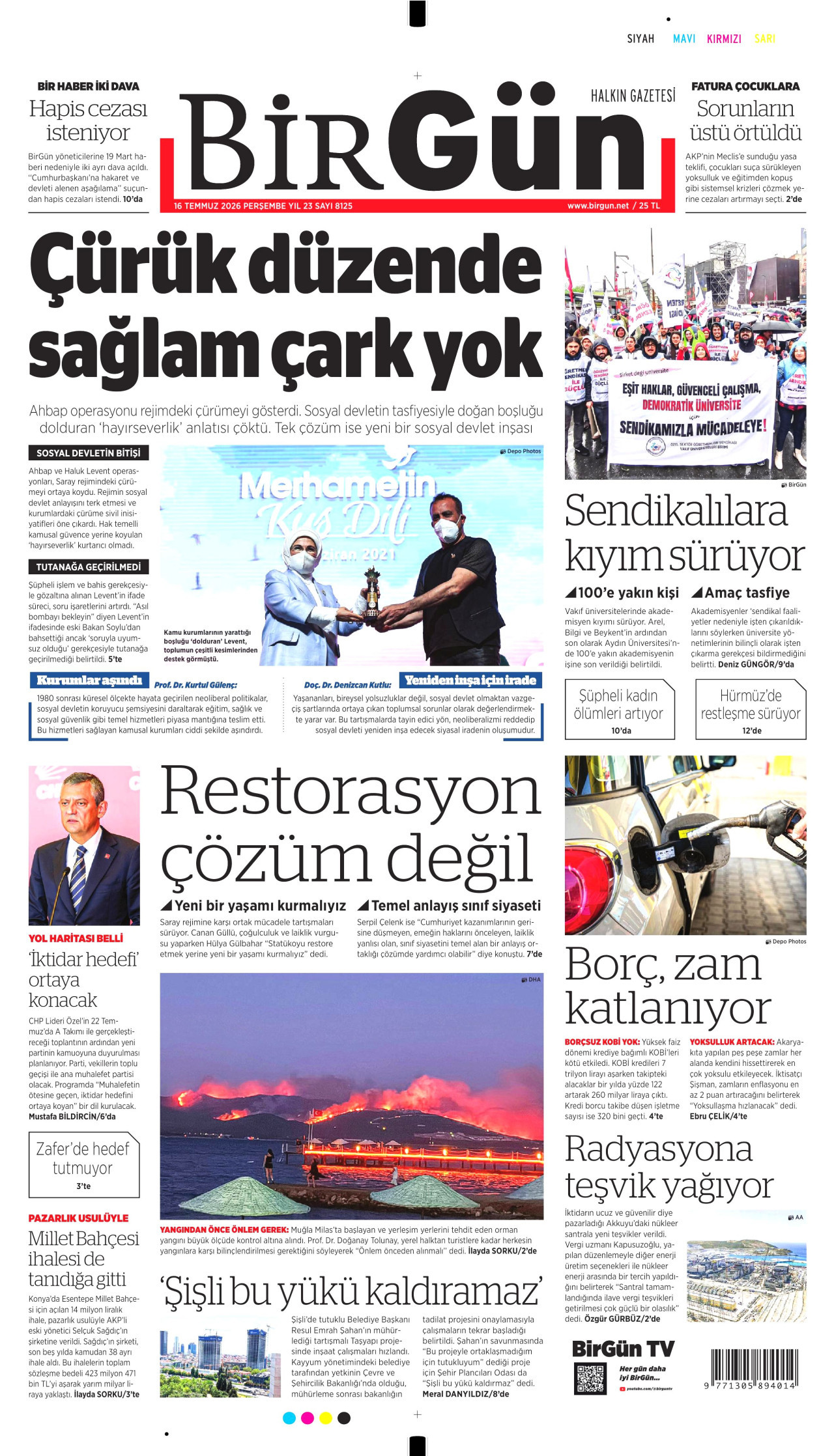 BİRGÜN gazetesinin 16 Temmuz 2026 tarihli birinci sayfası