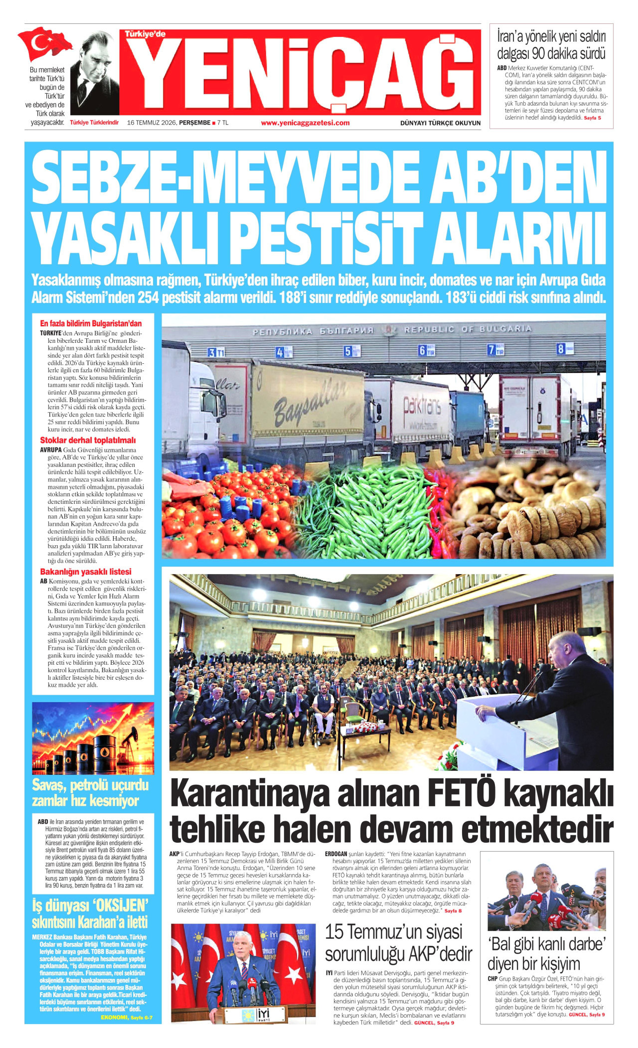 YENİÇAĞ gazetesinin 16 Temmuz 2026 tarihli birinci sayfası