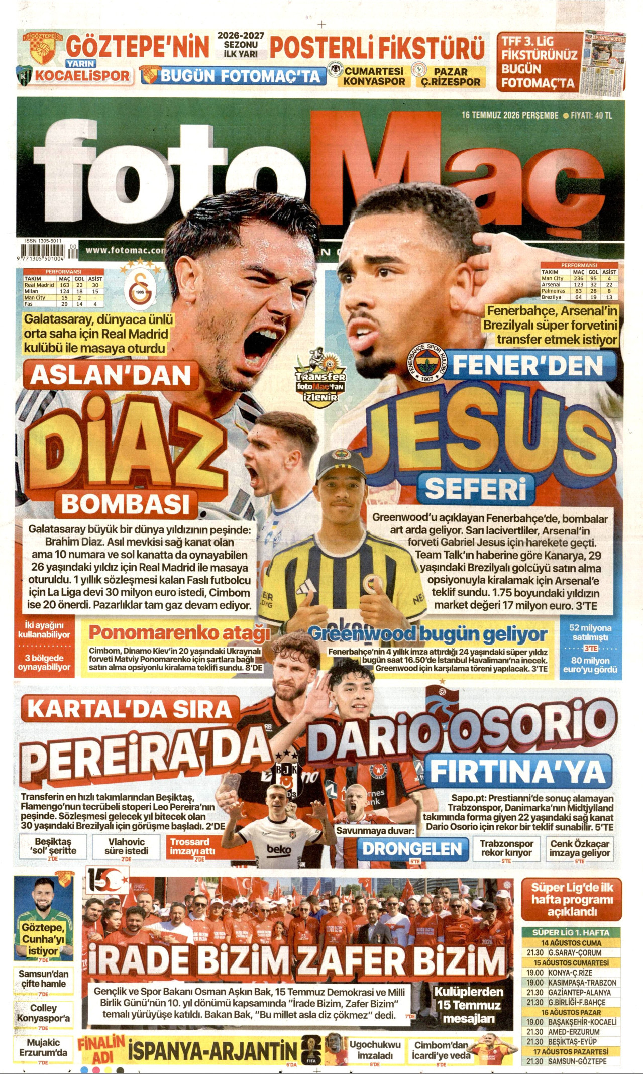 FOTOMAÇ gazetesinin 16 Temmuz 2026 tarihli birinci sayfası