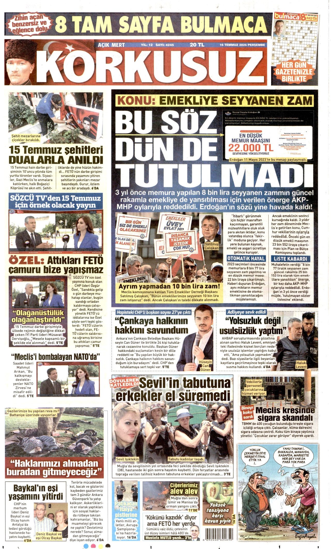 KORKUSUZ gazetesinin 16 Temmuz 2026 tarihli birinci sayfası