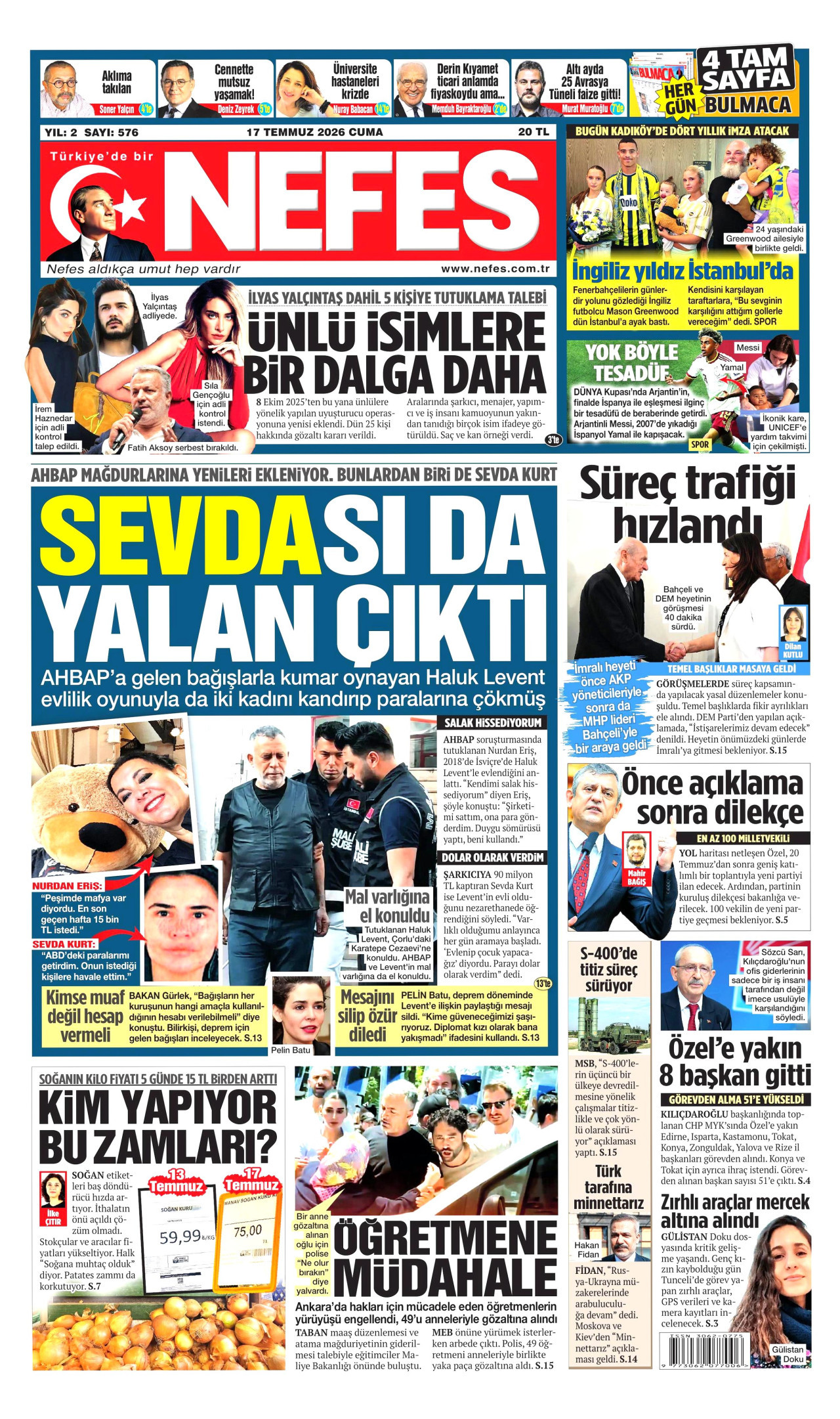 NEFES gazetesinin 17 Temmuz 2026 tarihli birinci sayfası