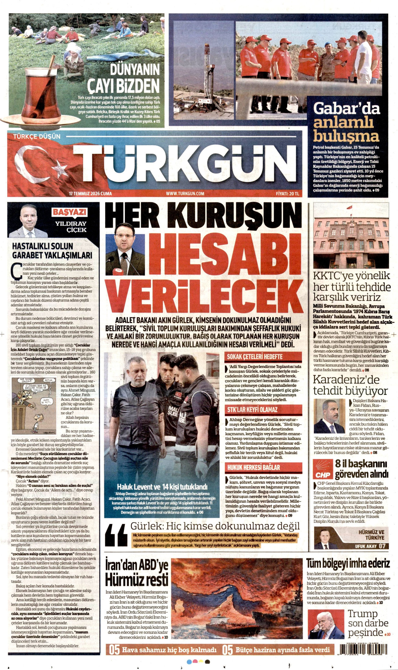 TÜRKGÜN gazetesinin 17 Temmuz 2026 tarihli birinci sayfası