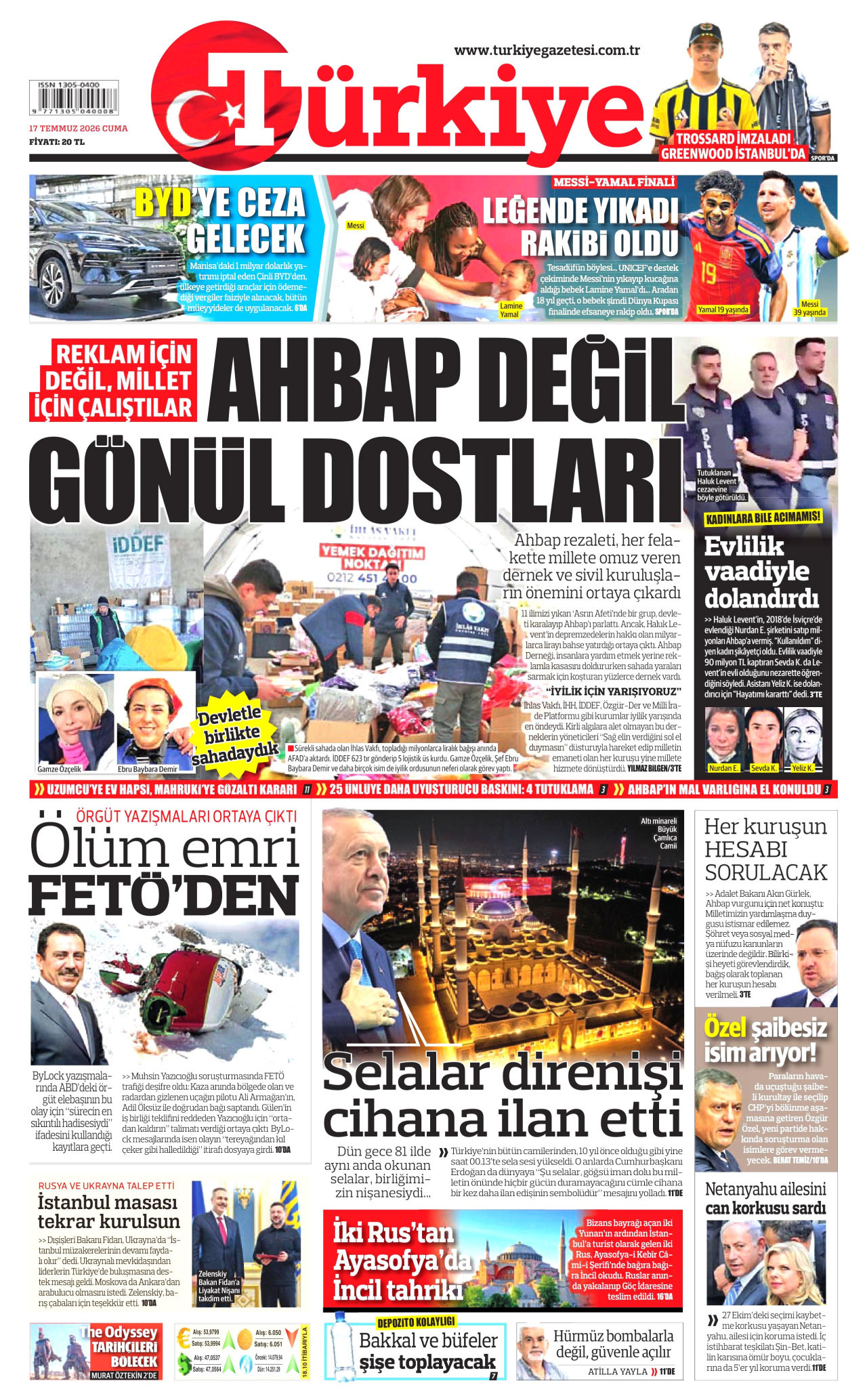 TÜRKİYE GAZETESİ gazetesinin 17 Temmuz 2026 tarihli birinci sayfası