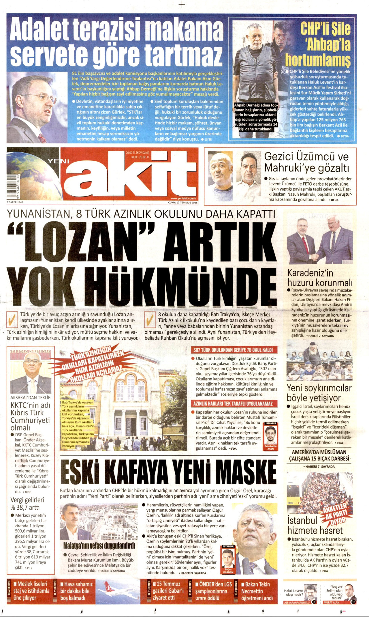 YENİ AKİT gazetesinin 17 Temmuz 2026 tarihli birinci sayfası