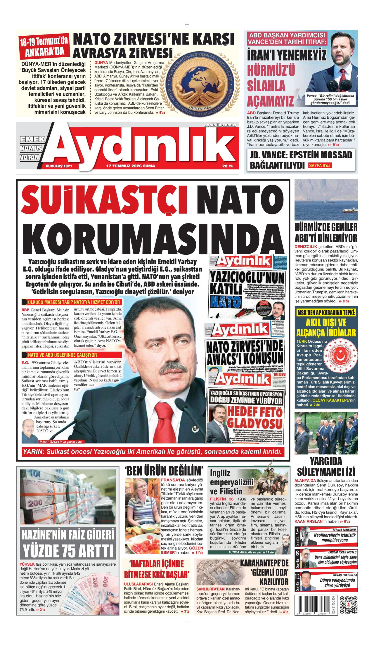 AYDINLIK GAZETESİ gazetesinin 17 Temmuz 2026 tarihli birinci sayfası