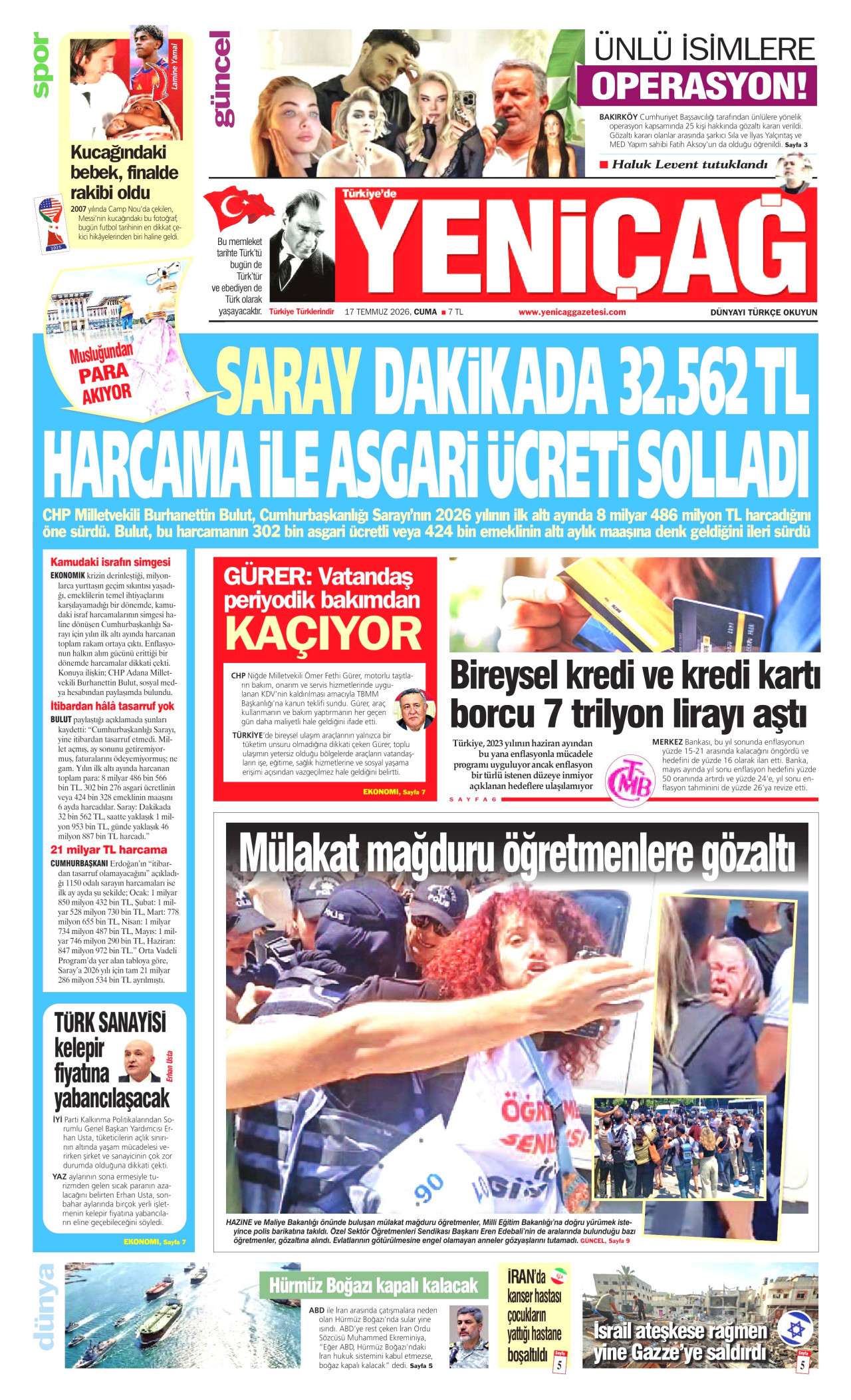 YENİÇAĞ gazetesinin 17 Temmuz 2026 tarihli birinci sayfası