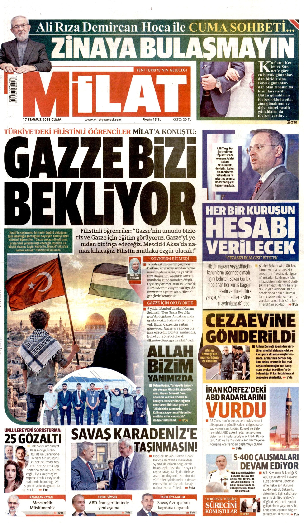 MİLAT gazetesinin 17 Temmuz 2026 tarihli birinci sayfası
