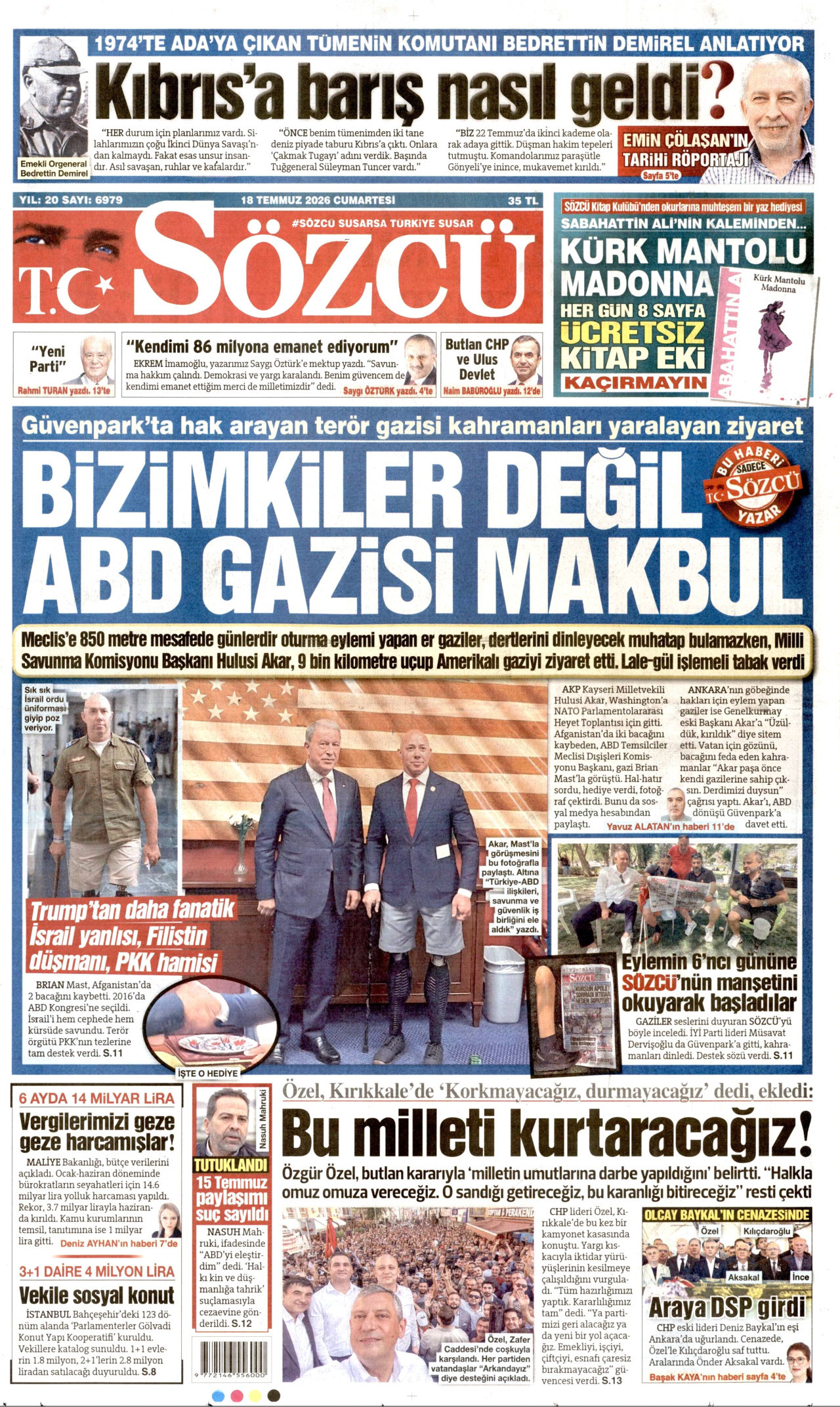 SÖZCÜ gazetesinin 18 Temmuz 2026 tarihli birinci sayfası