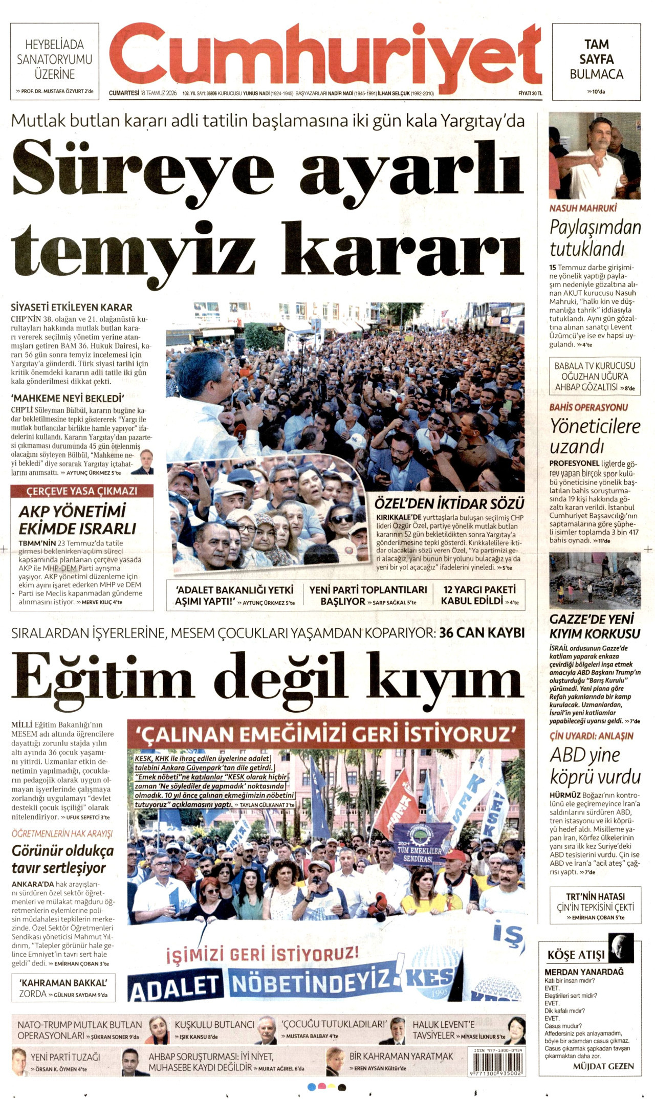 CUMHURİYET gazetesinin 18 Temmuz 2026 tarihli birinci sayfası