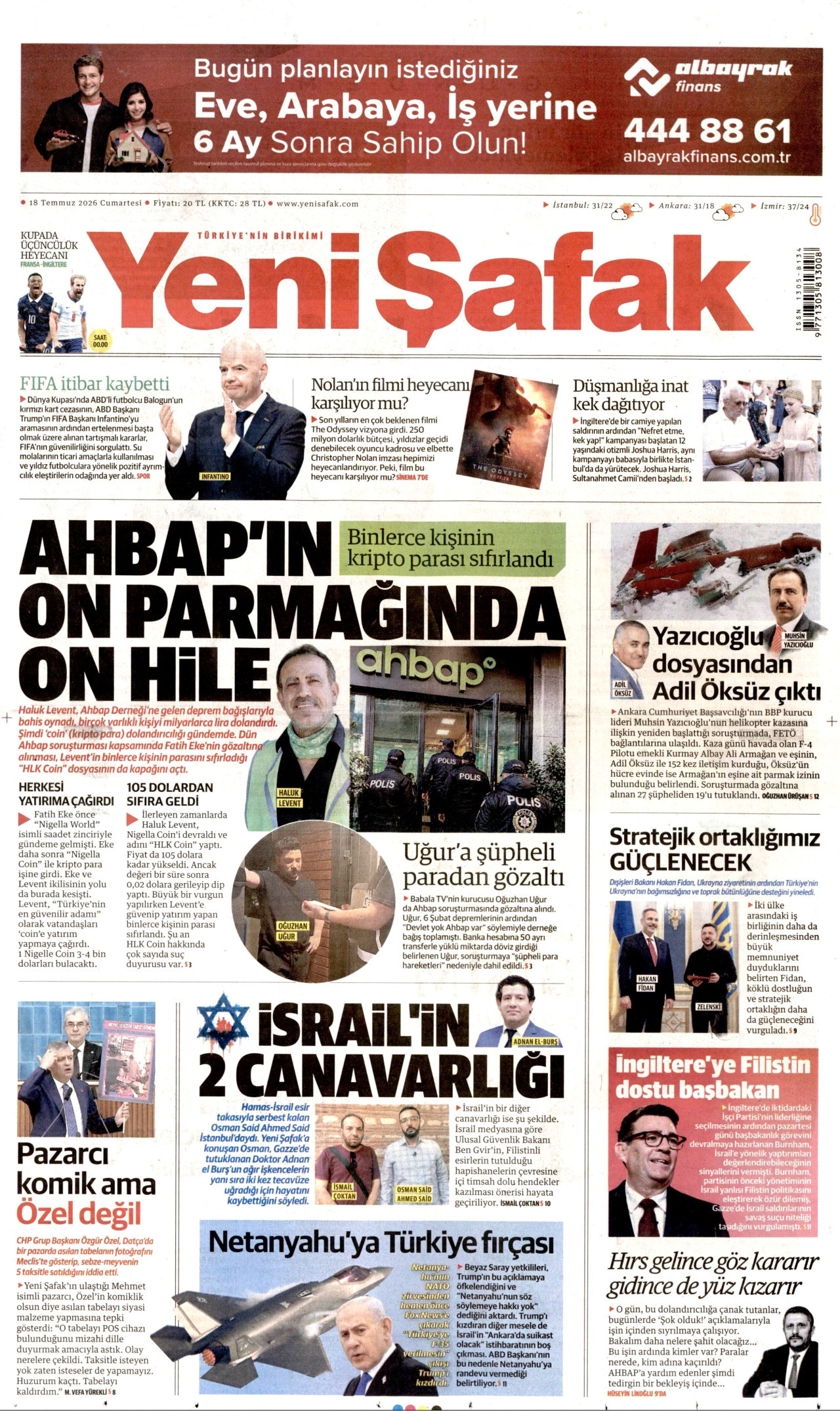 YENİ ŞAFAK gazetesinin 18 Temmuz 2026 tarihli birinci sayfası