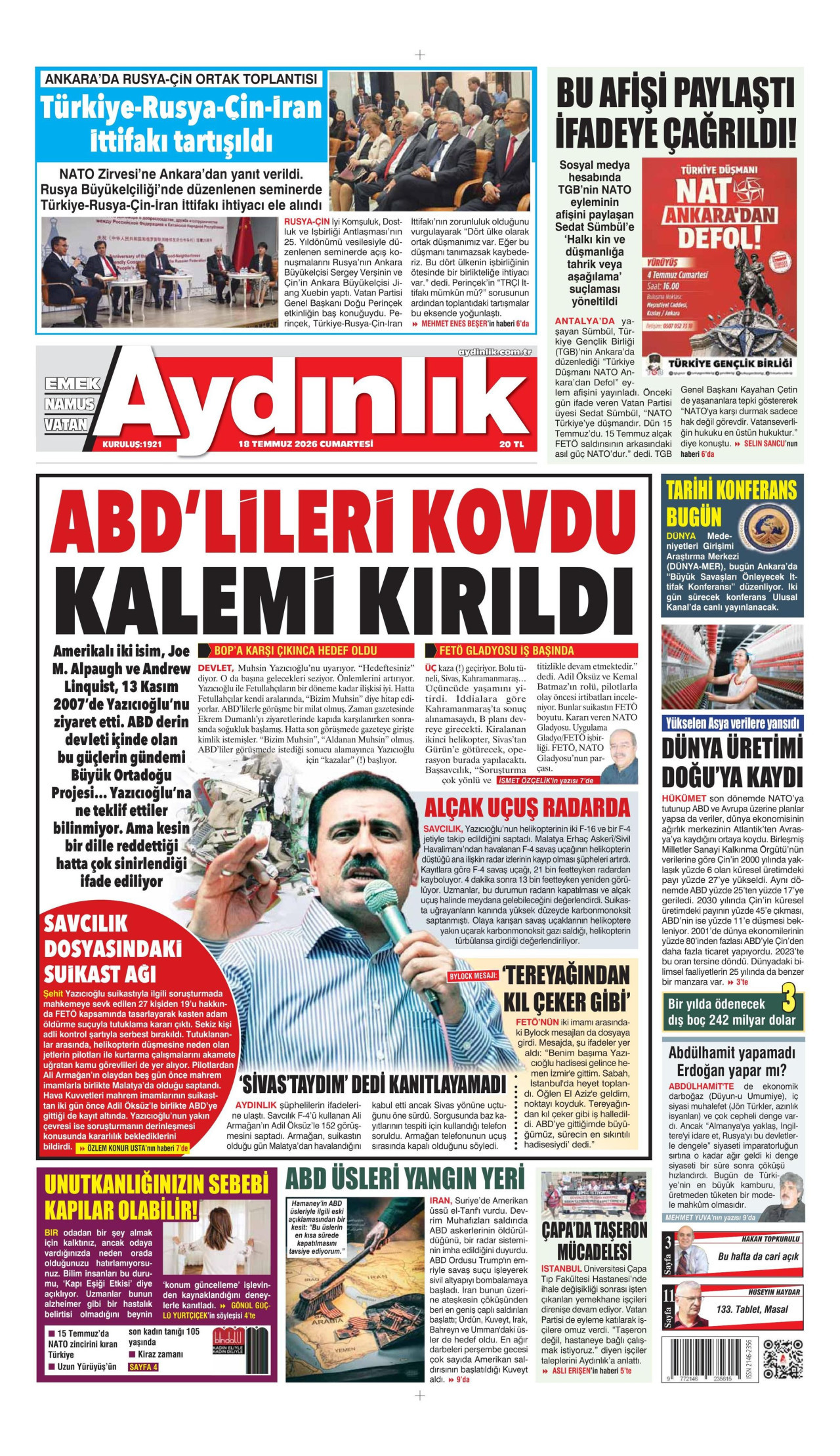 AYDINLIK GAZETESİ gazetesinin 18 Temmuz 2026 tarihli birinci sayfası