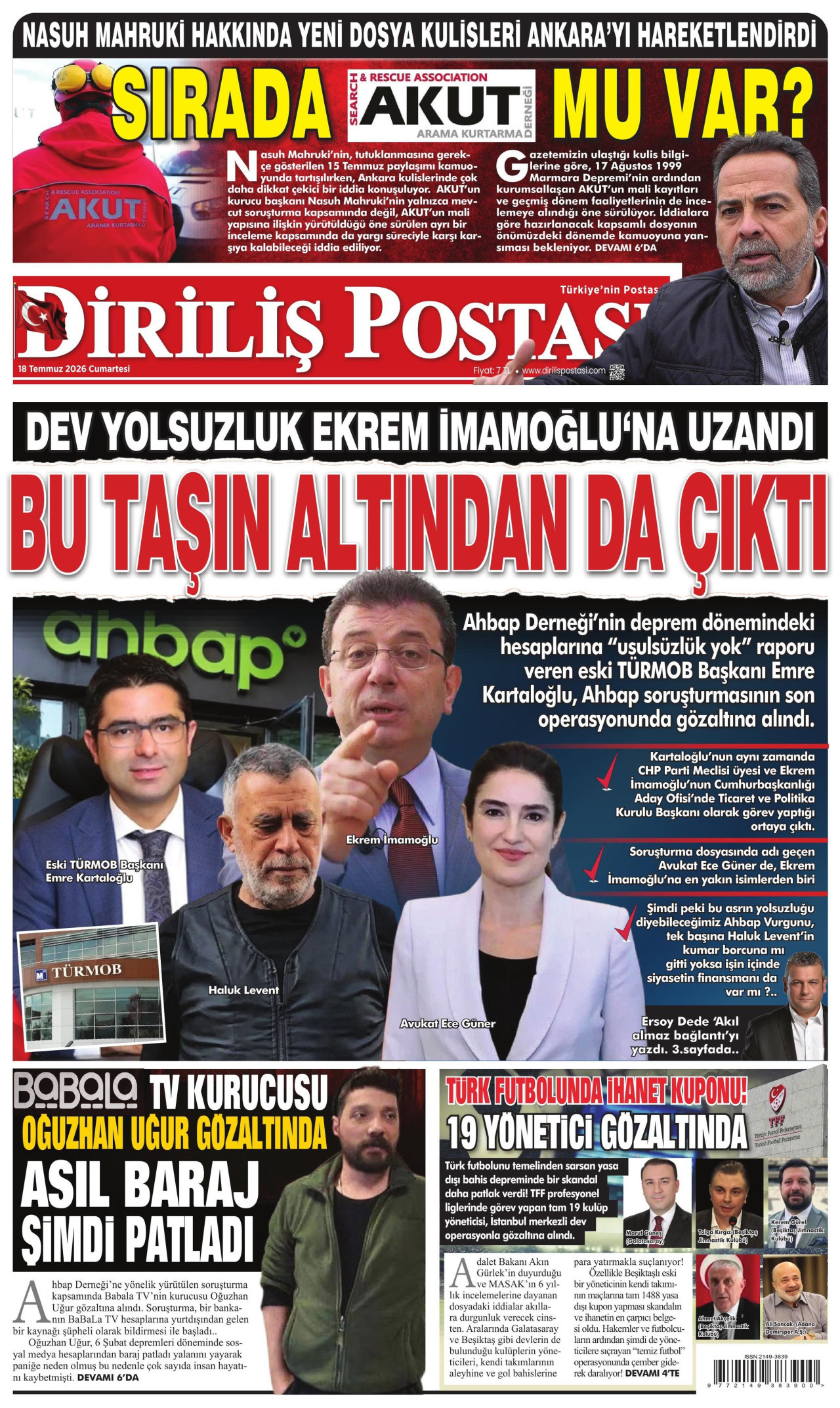 DİRİLİŞ POSTASI gazetesinin 18 Temmuz 2026 tarihli birinci sayfası