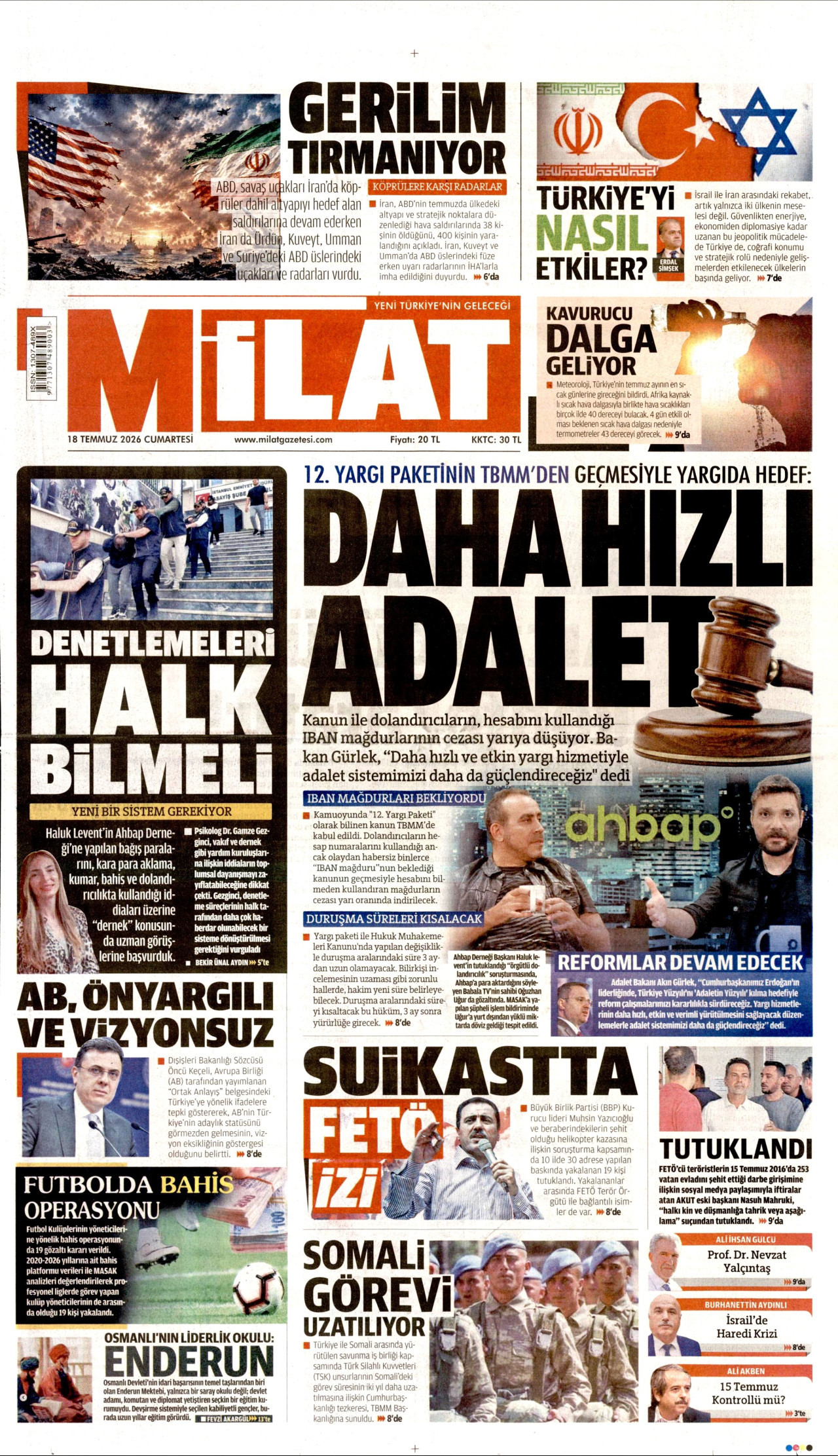 MİLAT gazetesinin 18 Temmuz 2026 tarihli birinci sayfası