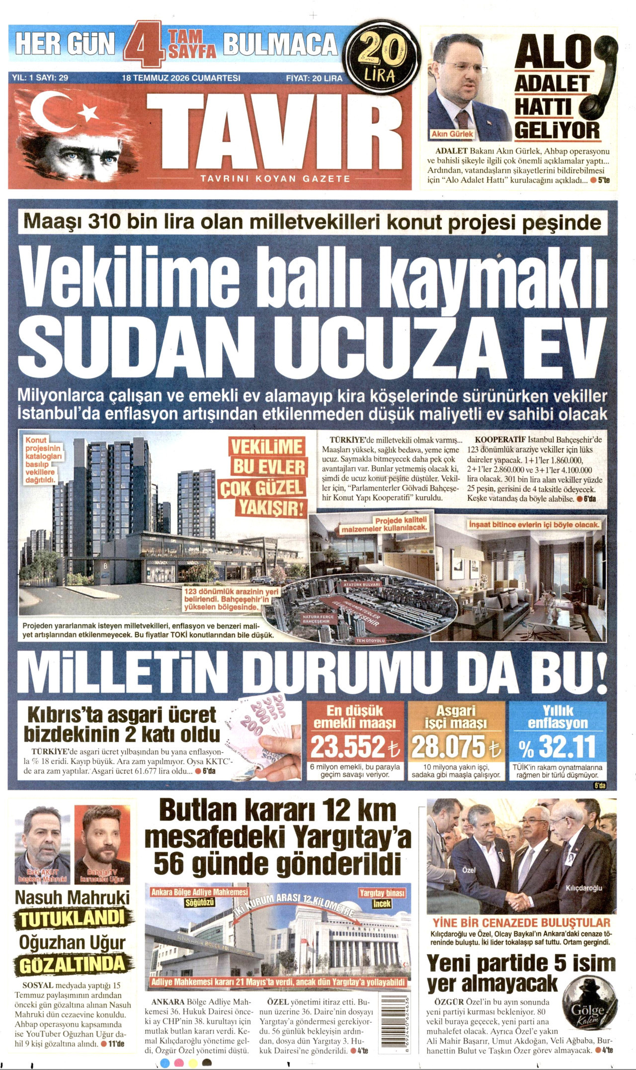 TAVIR GAZETESİ gazetesinin 18 Temmuz 2026 tarihli birinci sayfası